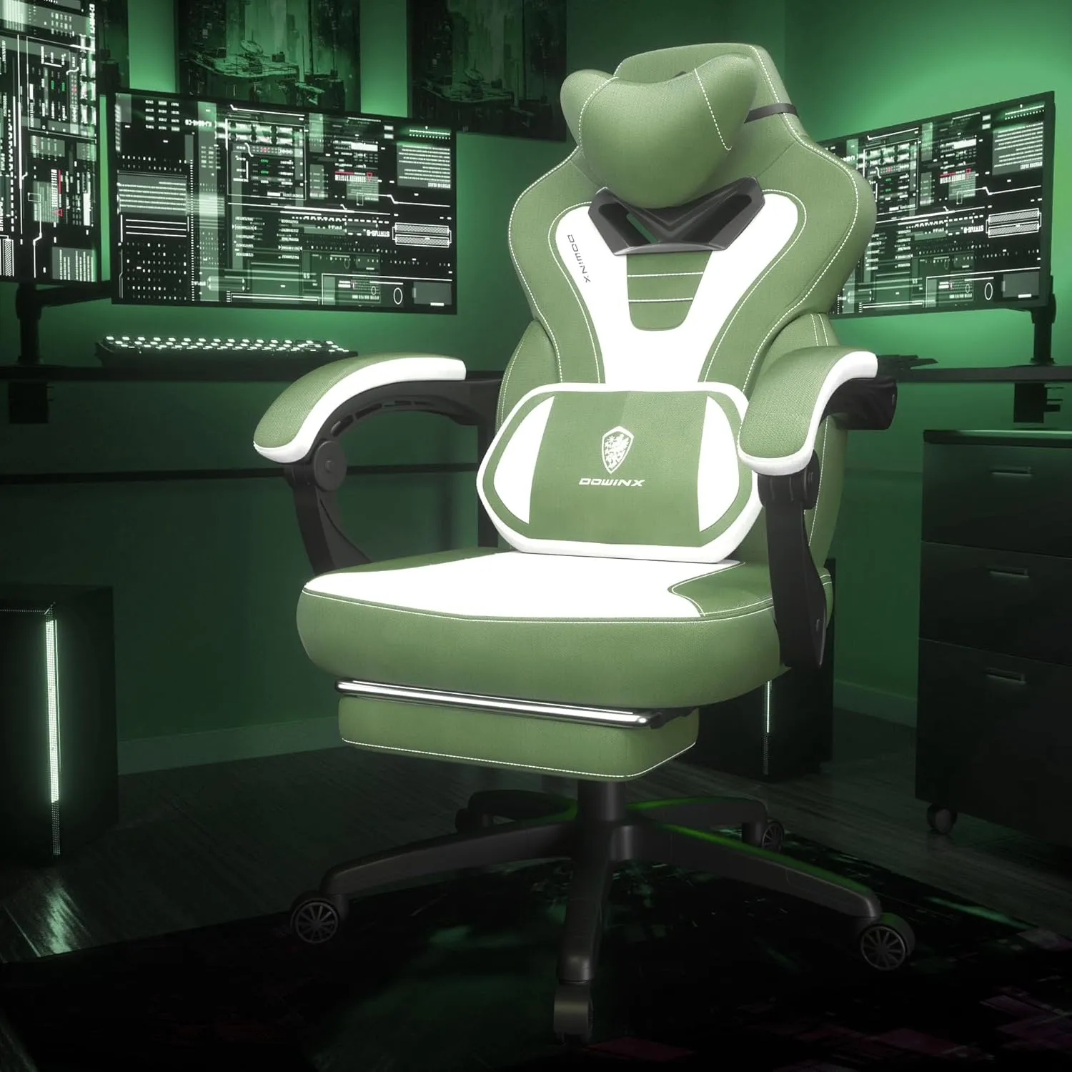 Dowinx Fabric Gaming Chair with Footrest, Big and Tall Gaming Chair for Heavy People, Gamer Chair for Adult with Massage (Green)