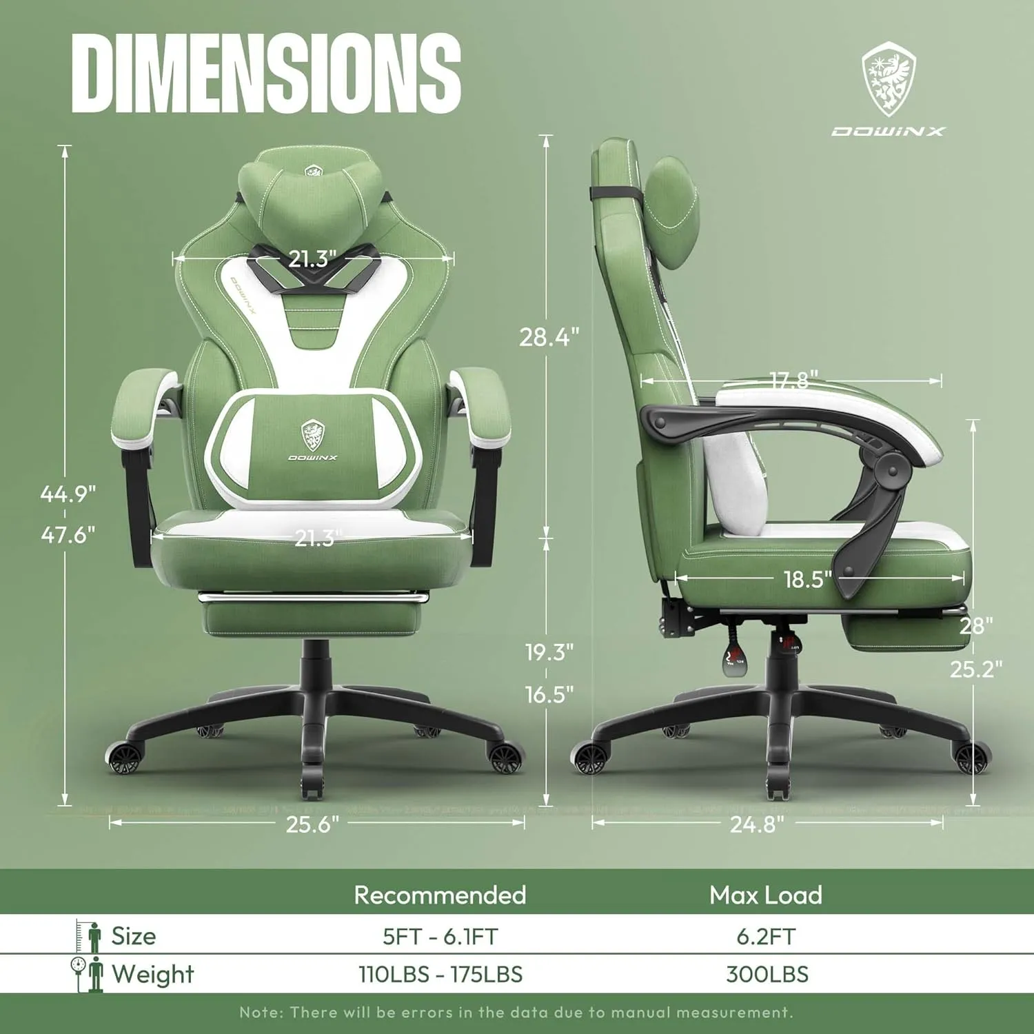 Dowinx Fabric Gaming Chair with Footrest, Big and Tall Gaming Chair for Heavy People, Gamer Chair for Adult with Massage (Green)
