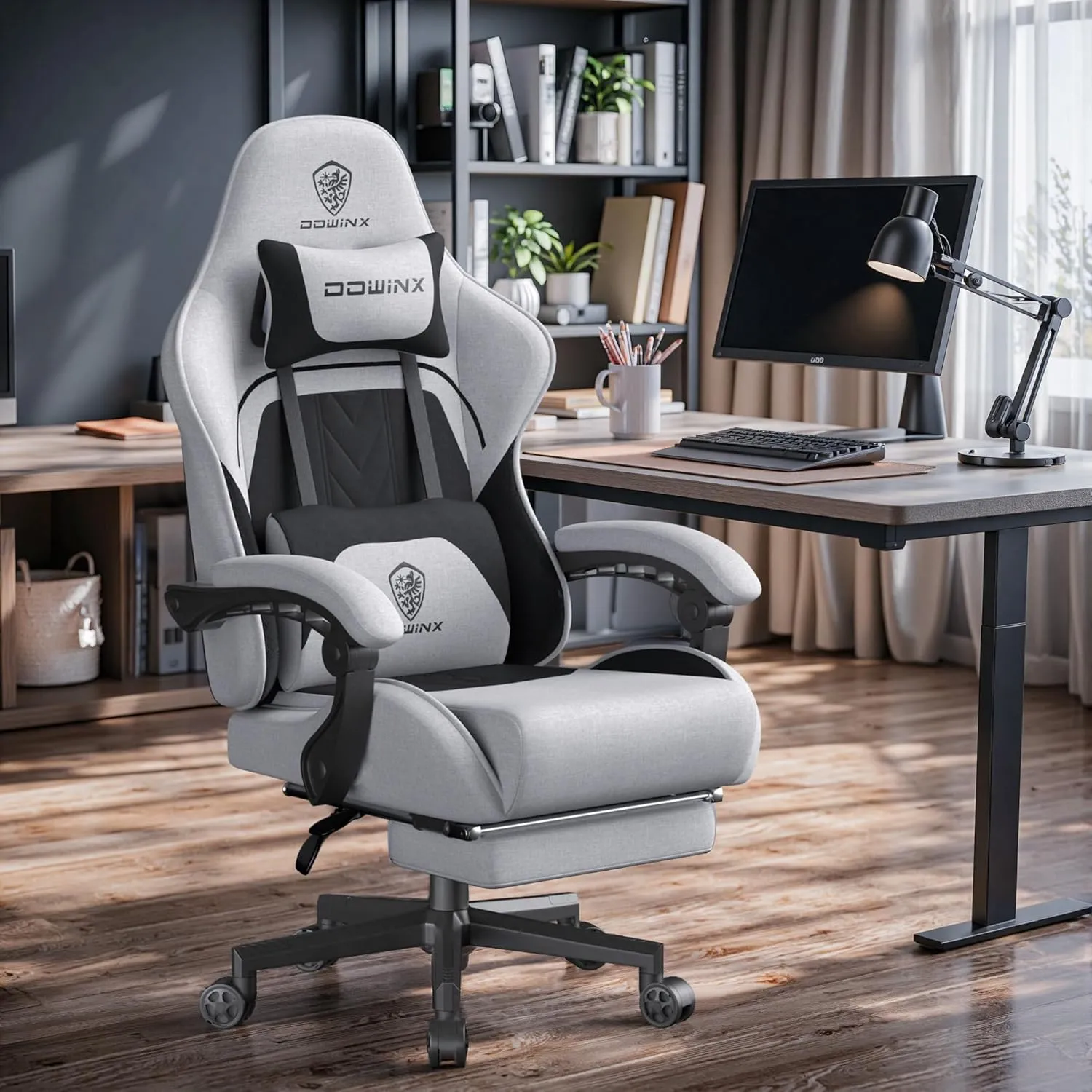 Dowinx Gaming Chair Fabric Big and Tall with Pocket Spring Cushion, Massage Game Chair Cloth with Headrest, Ergonomic Computer Chair with Footrest 350LBS, Black Grey