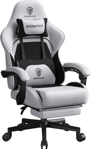 Dowinx Gaming Chair Fabric Big and Tall with Pocket Spring Cushion, Massage Game Chair Cloth with Headrest, Ergonomic Computer Chair with Footrest 350LBS, Black Grey