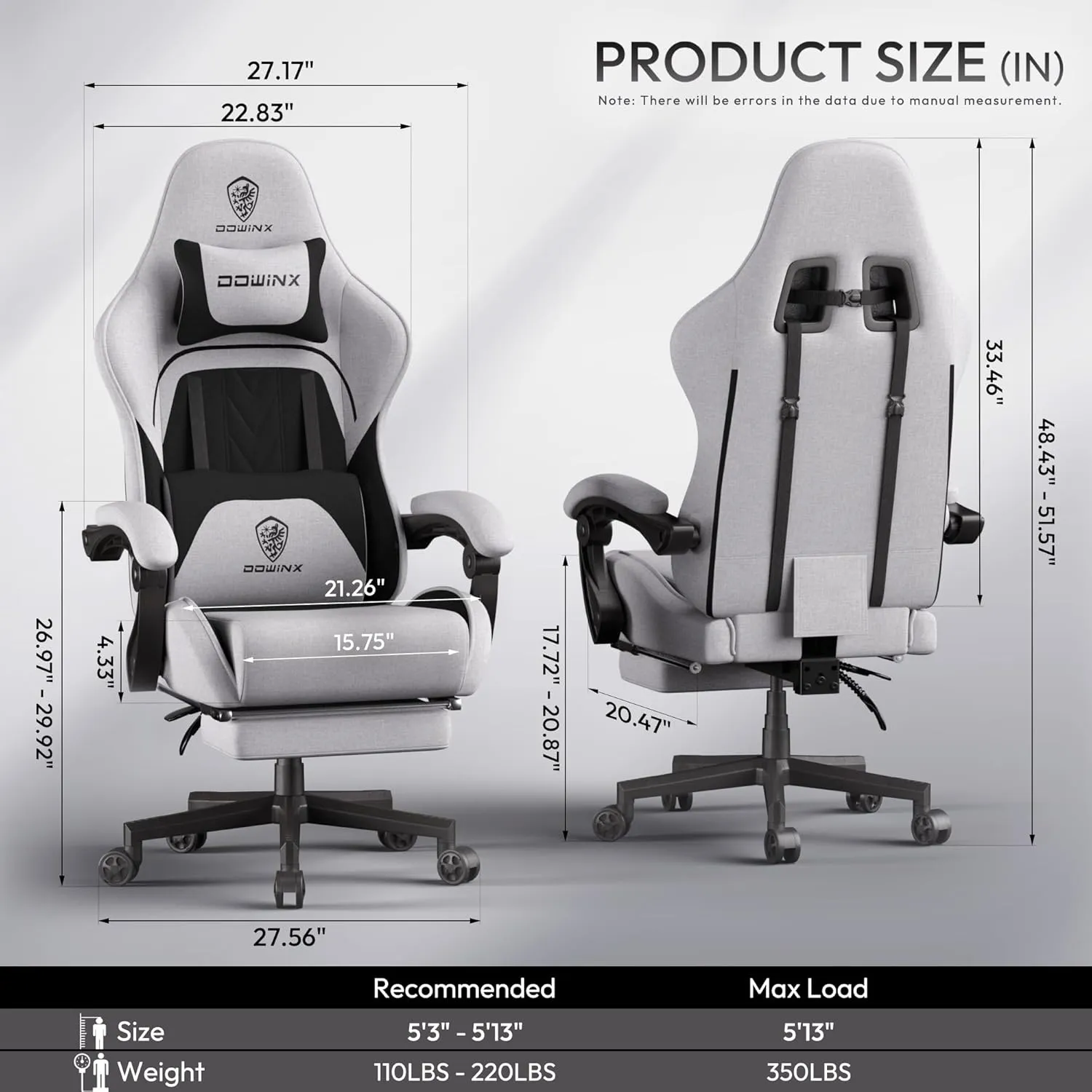 Dowinx Gaming Chair Fabric Big and Tall with Pocket Spring Cushion, Massage Game Chair Cloth with Headrest, Ergonomic Computer Chair with Footrest 350LBS, Black Grey