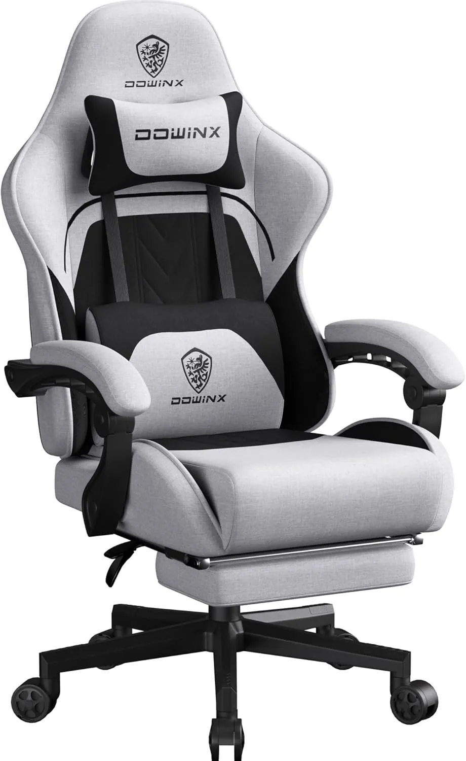 Dowinx Gaming Chair Fabric Big and Tall with Pocket Spring Cushion, Massage Game Chair Cloth with Headrest, Ergonomic Computer Chair with Footrest 350LBS, Black Grey