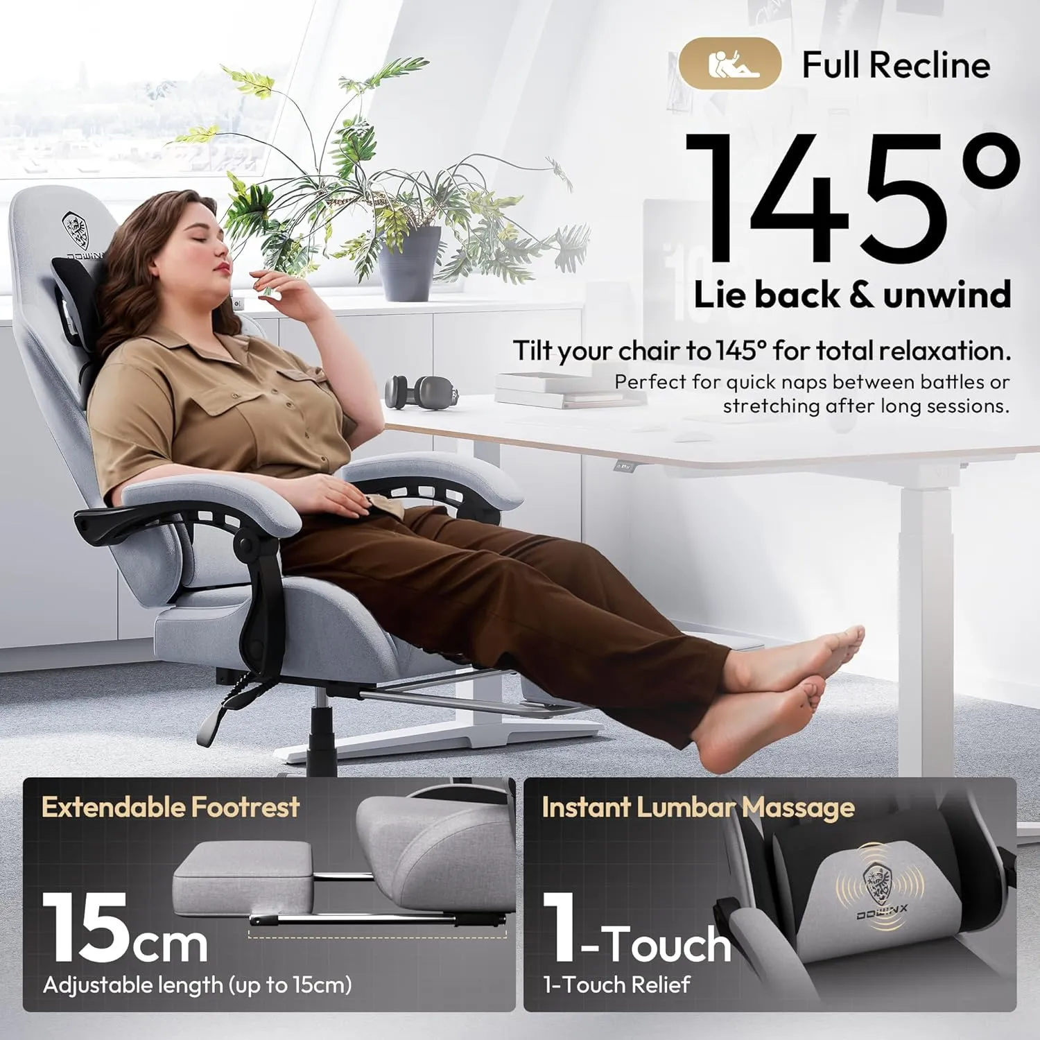 Dowinx Gaming Chair Fabric Big and Tall with Pocket Spring Cushion, Massage Game Chair Cloth with Headrest, Ergonomic Computer Chair with Footrest 350LBS, Black Grey