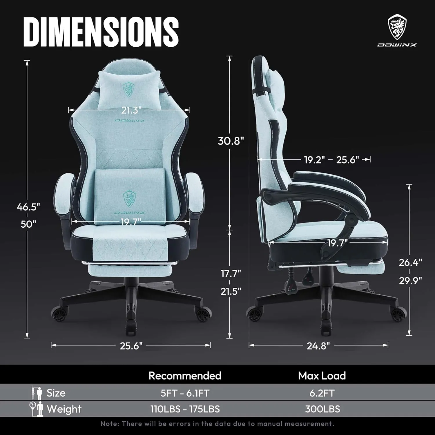 Dowinx Gaming Chair Fabric with Pocket Spring Cushion, High Back Ergonomic Computer Chair with Footrest for Adults, Massage Lumbar Support Swivel Game Chair for Office Gaming 300LBS, Aqua