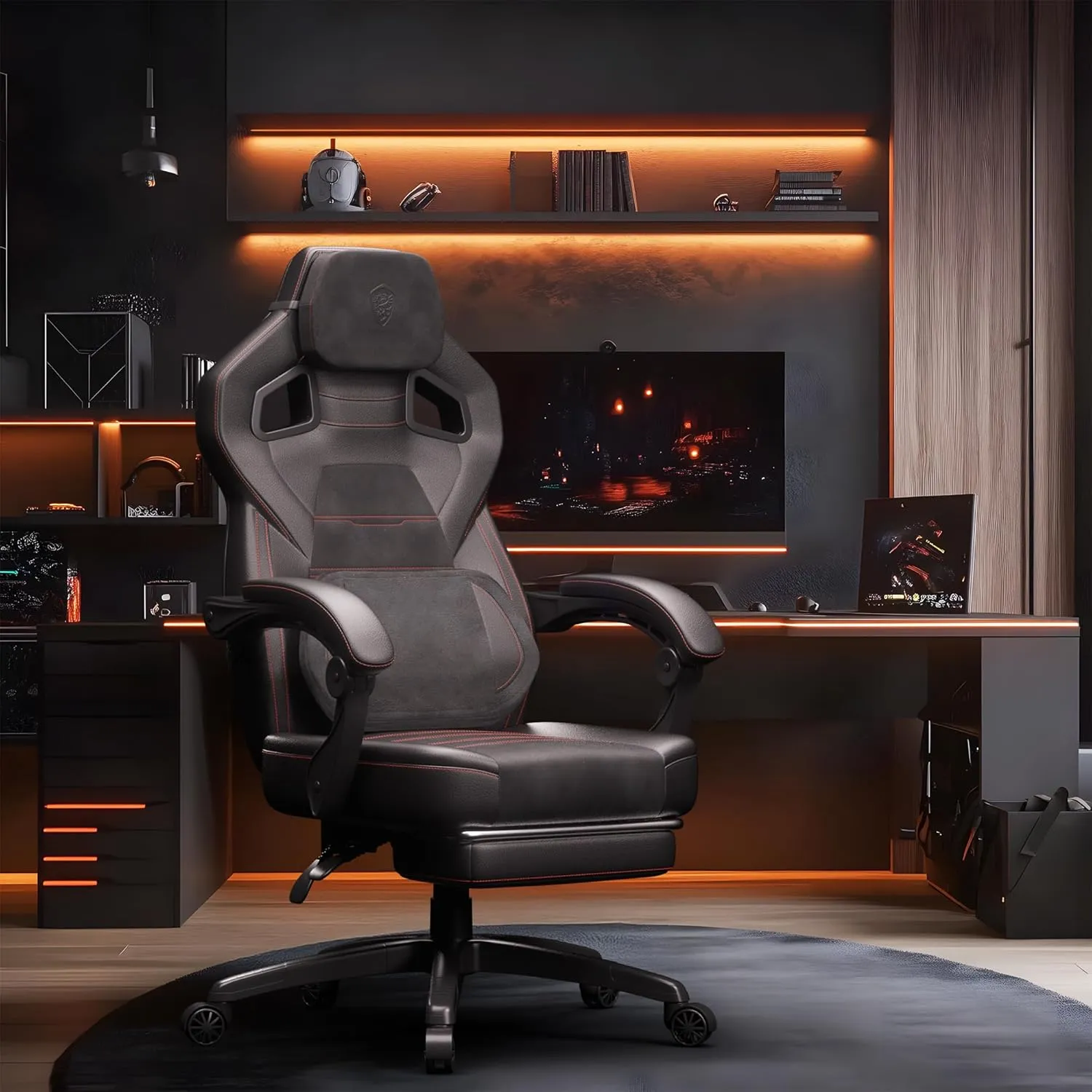 Dowinx PU Leather Gaming Chair with Footrest, Big and Tall Ergonomic Computer Chair with Lumbar Support, Wide Back Gamer Chair for Heavy People, Black