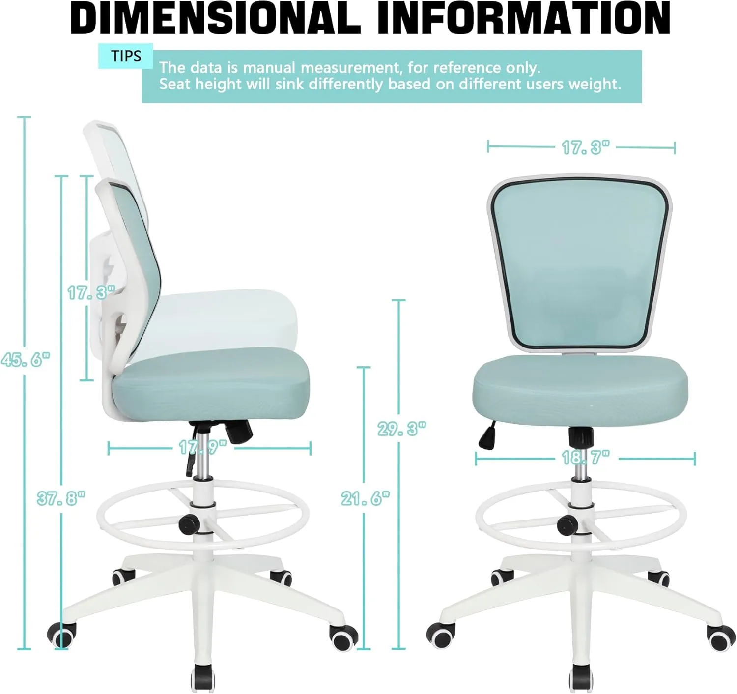 Drafting Chair Adjustable Height Tall Office Chairs Standing Desk Chair Rolling Stool Chair Armless Office Drafting Chair Blue