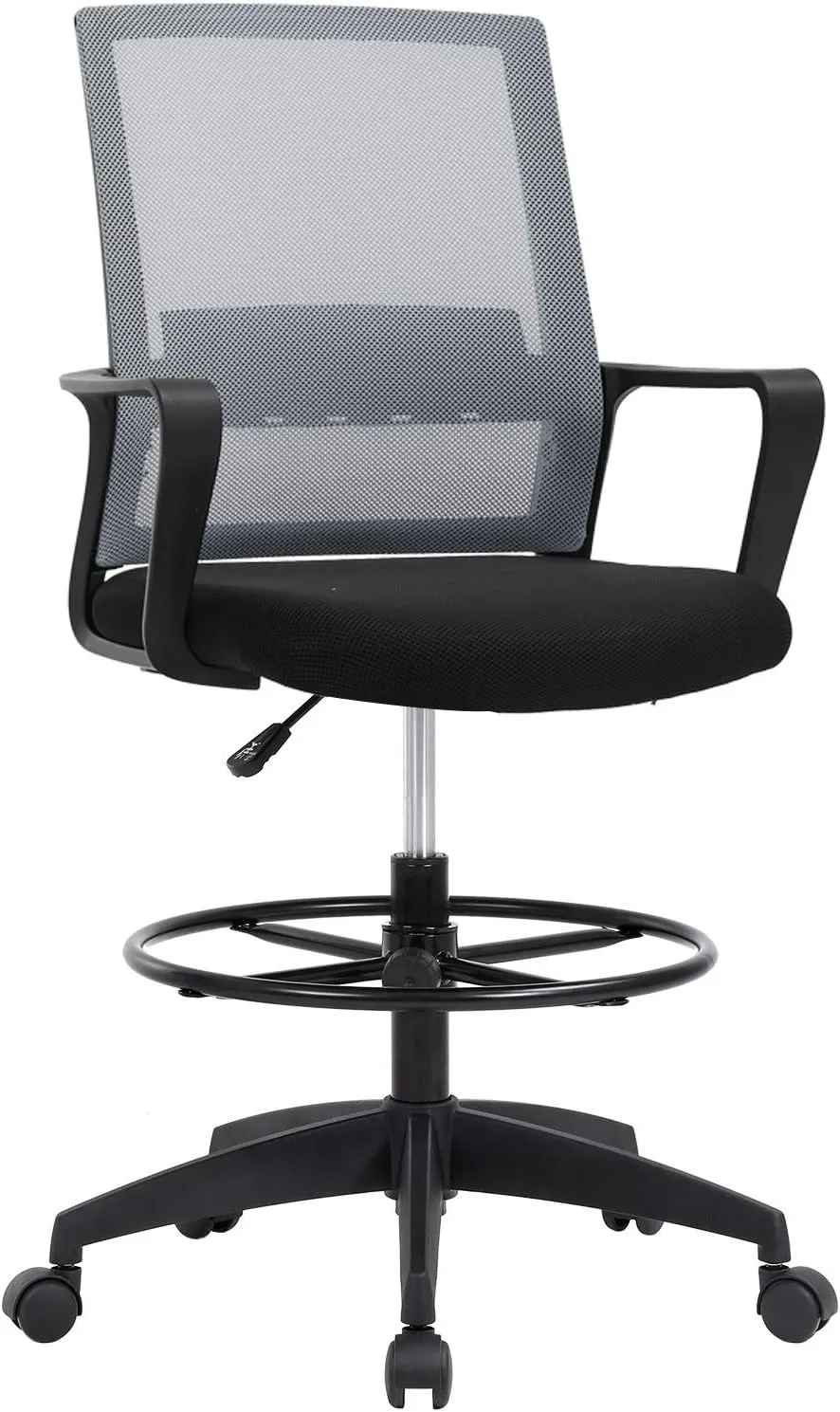 Drafting Chair Tall Office Chair Adjustable Swivel Rolling Mesh Height with Lumbar Support Arms Footrest Mid Back for Adults Standing Desk Drafting Stool (Grey)