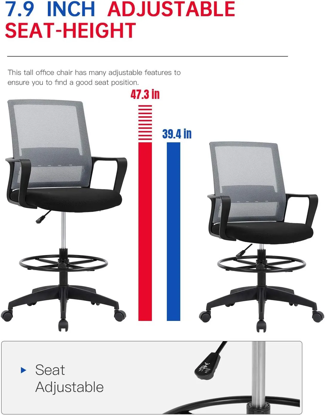 Drafting Chair Tall Office Chair Adjustable Swivel Rolling Mesh Height with Lumbar Support Arms Footrest Mid Back for Adults Standing Desk Drafting Stool (Grey)