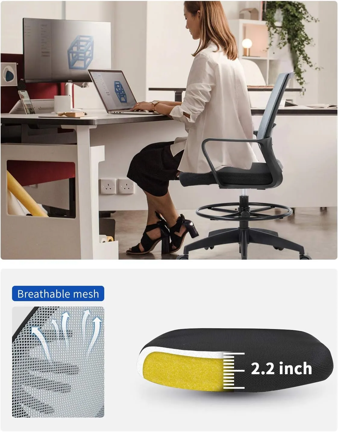 Drafting Chair Tall Office Chair Adjustable Swivel Rolling Mesh Height with Lumbar Support Arms Footrest Mid Back for Adults Standing Desk Drafting Stool (Grey)