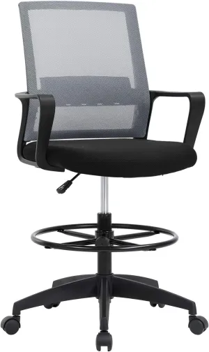 Drafting Chair Tall Office Chair Adjustable Swivel Rolling Mesh Height with Lumbar Support Arms Footrest Mid Back for Adults Standing Desk Drafting Stool (Grey)