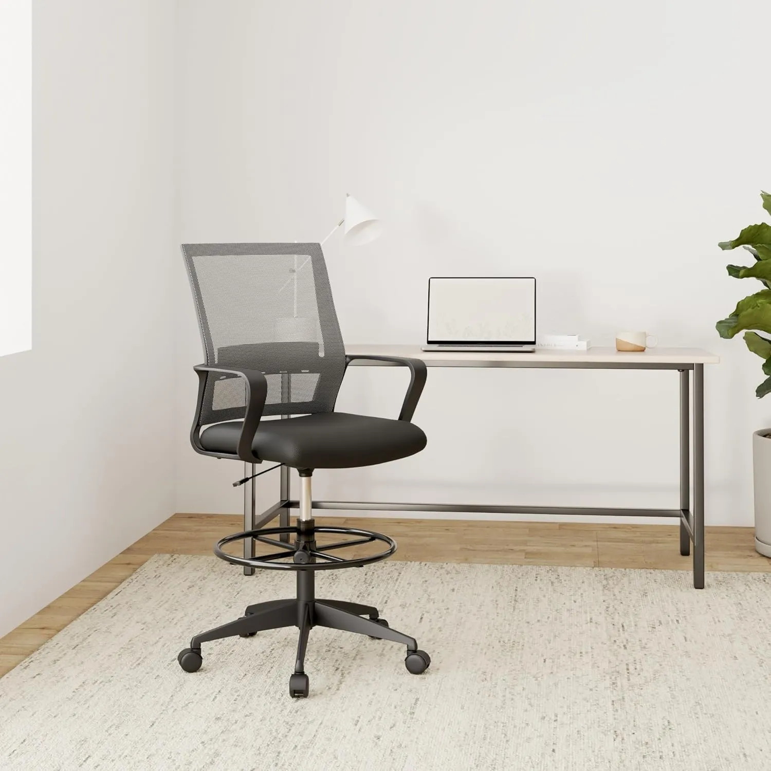 Drafting Chair Tall Office Chair Adjustable Swivel Rolling Mesh Height with Lumbar Support Arms Footrest Mid Back for Adults Standing Desk Drafting Stool (Grey)