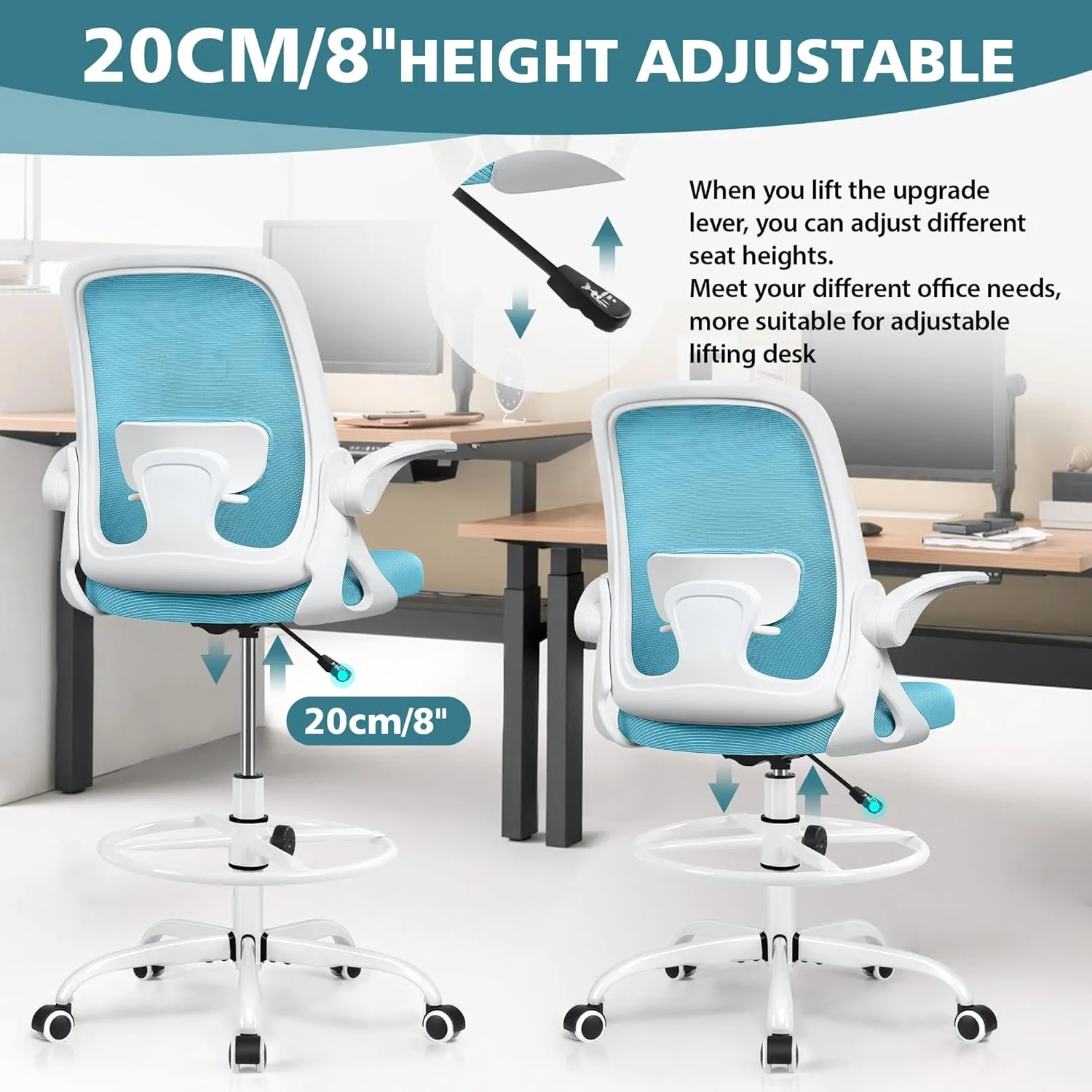 Drafting Chair Tall Office Chair Ergonomic Desk Chairs with Lumbar Support and Flip-up Armrests, Adjustable Height Comfy Computer Chair with Swivel Task and Adjustable Foot Ring(Blue)