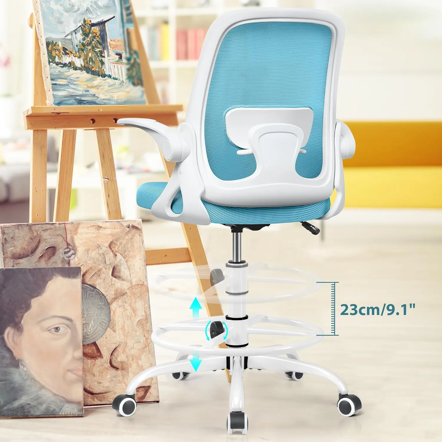 Drafting Chair Tall Office Chair Ergonomic Desk Chairs with Lumbar Support and Flip-up Armrests, Adjustable Height Comfy Computer Chair with Swivel Task and Adjustable Foot Ring(Blue)