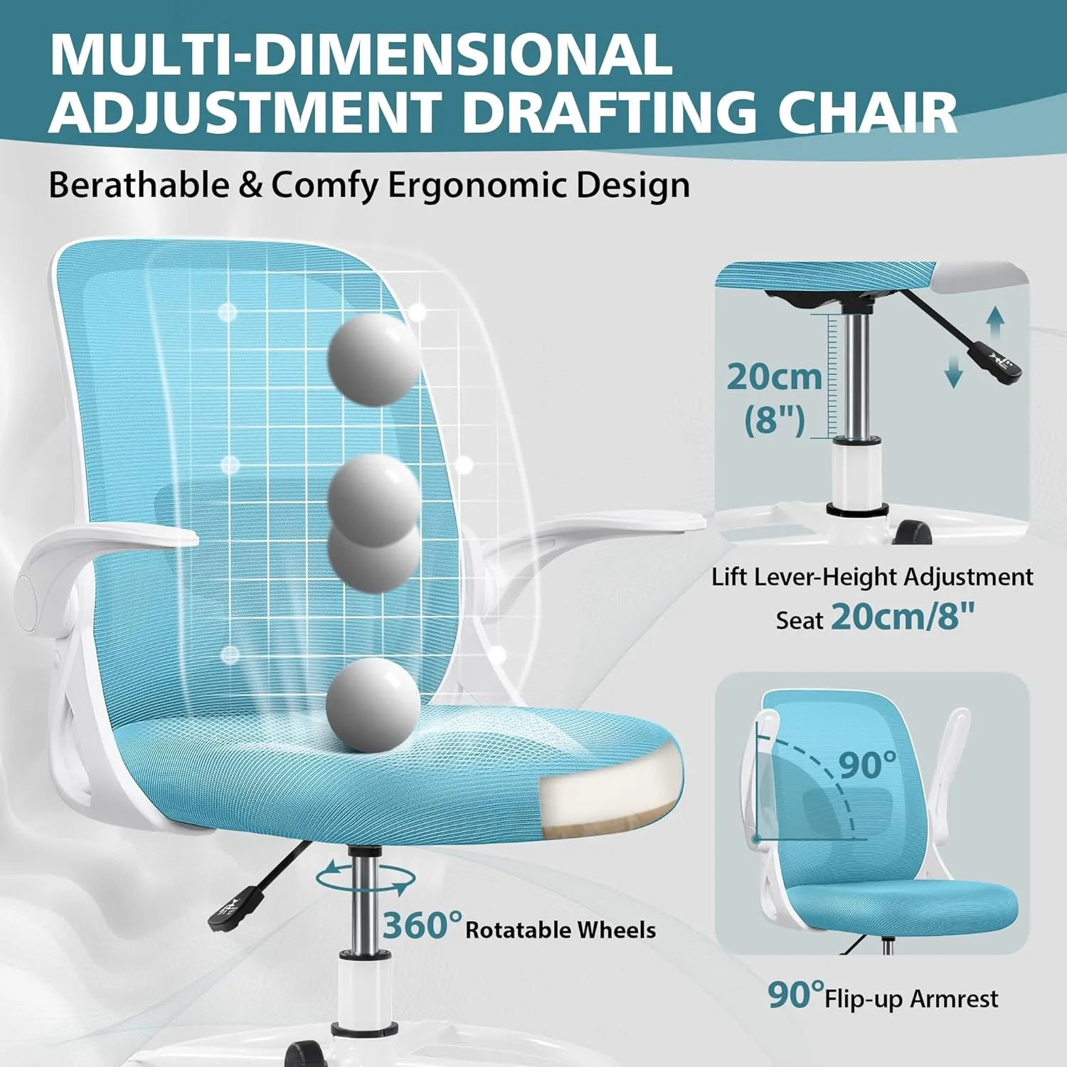 Drafting Chair Tall Office Chair Ergonomic Desk Chairs with Lumbar Support and Flip-up Armrests, Adjustable Height Comfy Computer Chair with Swivel Task and Adjustable Foot Ring(Blue)