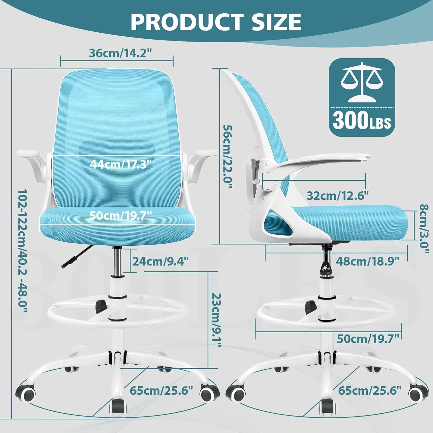 Drafting Chair Tall Office Chair Ergonomic Desk Chairs with Lumbar Support and Flip-up Armrests, Adjustable Height Comfy Computer Chair with Swivel Task and Adjustable Foot Ring(Blue)