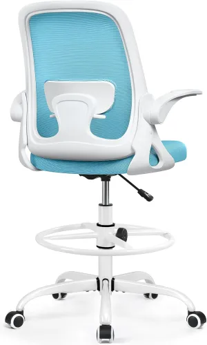 Drafting Chair Tall Office Chair Ergonomic Desk Chairs with Lumbar Support and Flip-up Armrests, Adjustable Height Comfy Computer Chair with Swivel Task and Adjustable Foot Ring(Blue)