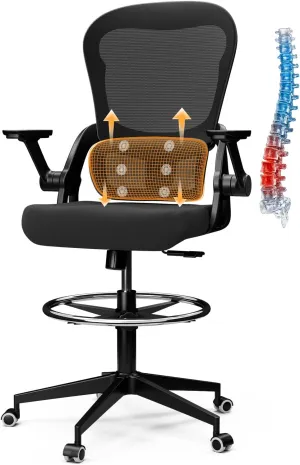 Drafting Chair Tall Office-Chair for Standing-Desk - Ergonomic Extra Height Office Seating with Adjustable Foot Ring, Ideal for Counter and Bar Desks, Computer Work, and Extended Sitting, Black