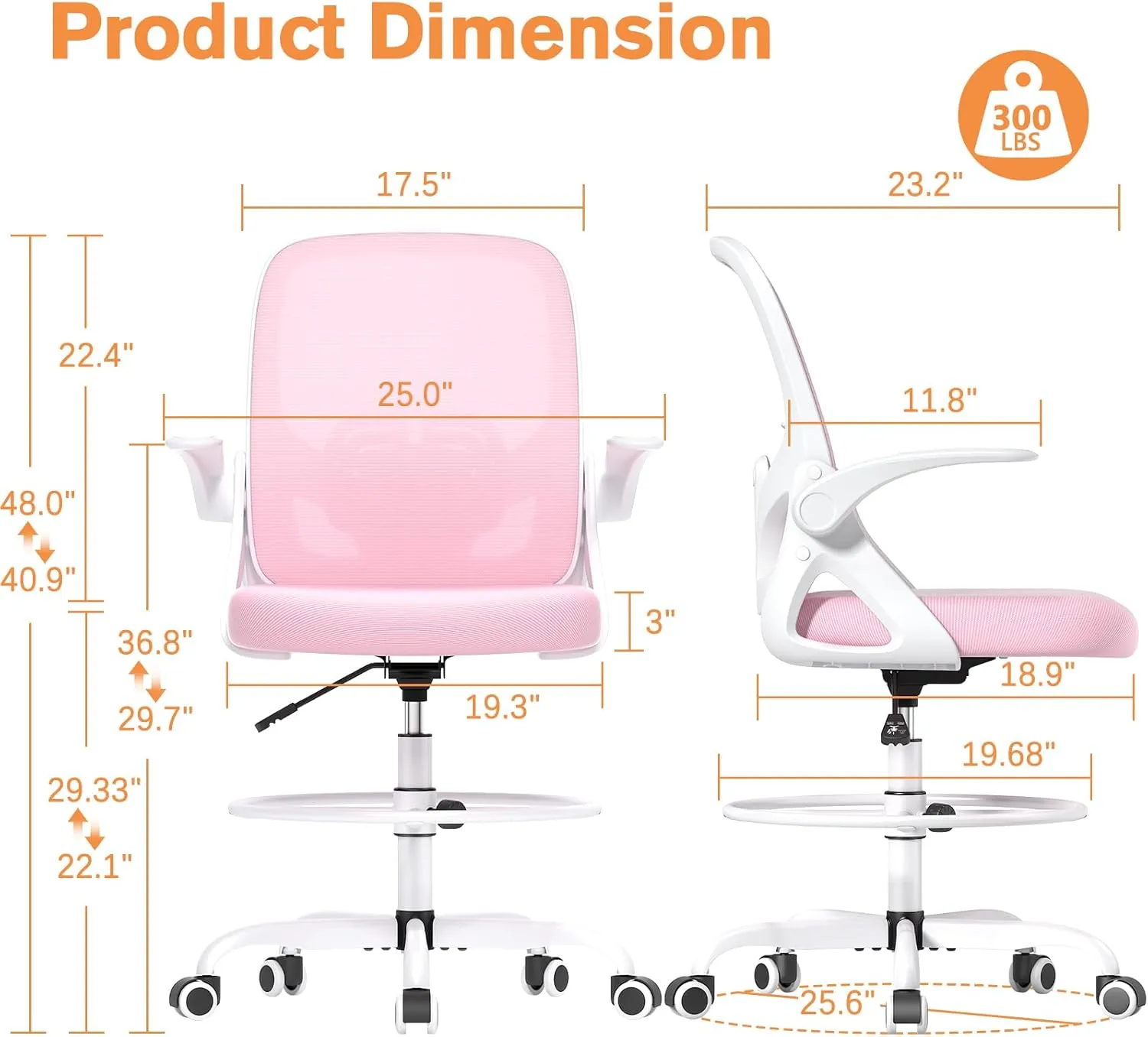 Drafting Chair with Lumbar Support and Footrest Ring, Extended Height Ergonomic Desk Chair for Home Work, Breathable Mesh Office Chair with Flip up Arms (Pink)