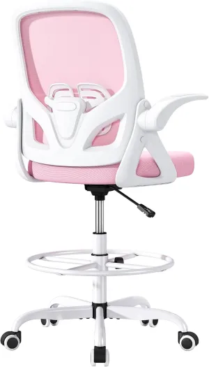 Drafting Chair with Lumbar Support and Footrest Ring, Extended Height Ergonomic Desk Chair for Home Work, Breathable Mesh Office Chair with Flip up Arms (Pink)