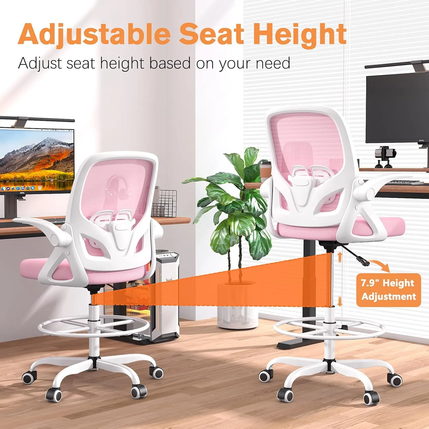 Drafting Chair with Lumbar Support and Footrest Ring, Extended Height Ergonomic Desk Chair for Home Work, Breathable Mesh Office Chair with Flip up Arms (Pink)