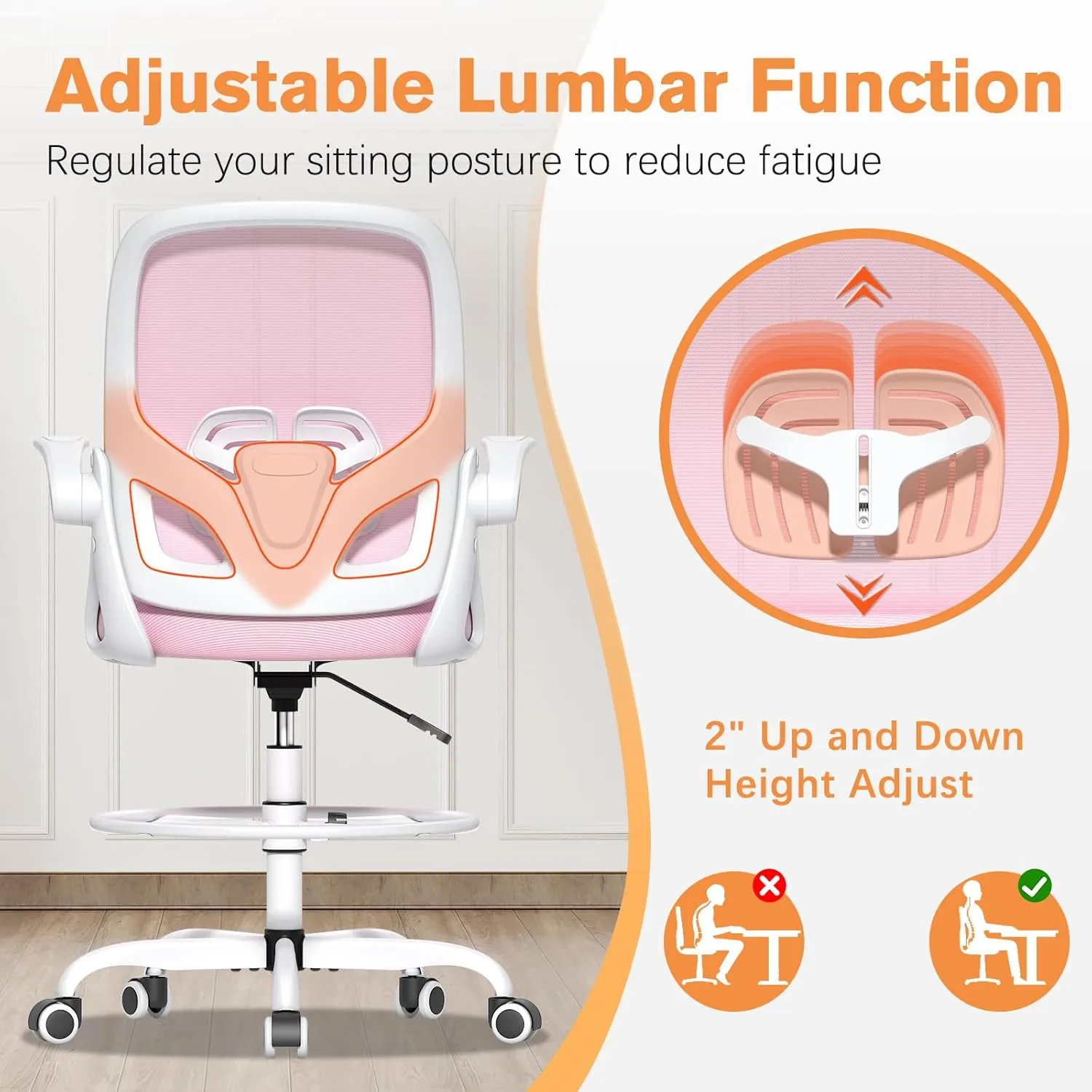 Drafting Chair with Lumbar Support and Footrest Ring, Extended Height Ergonomic Desk Chair for Home Work, Breathable Mesh Office Chair with Flip up Arms (Pink)