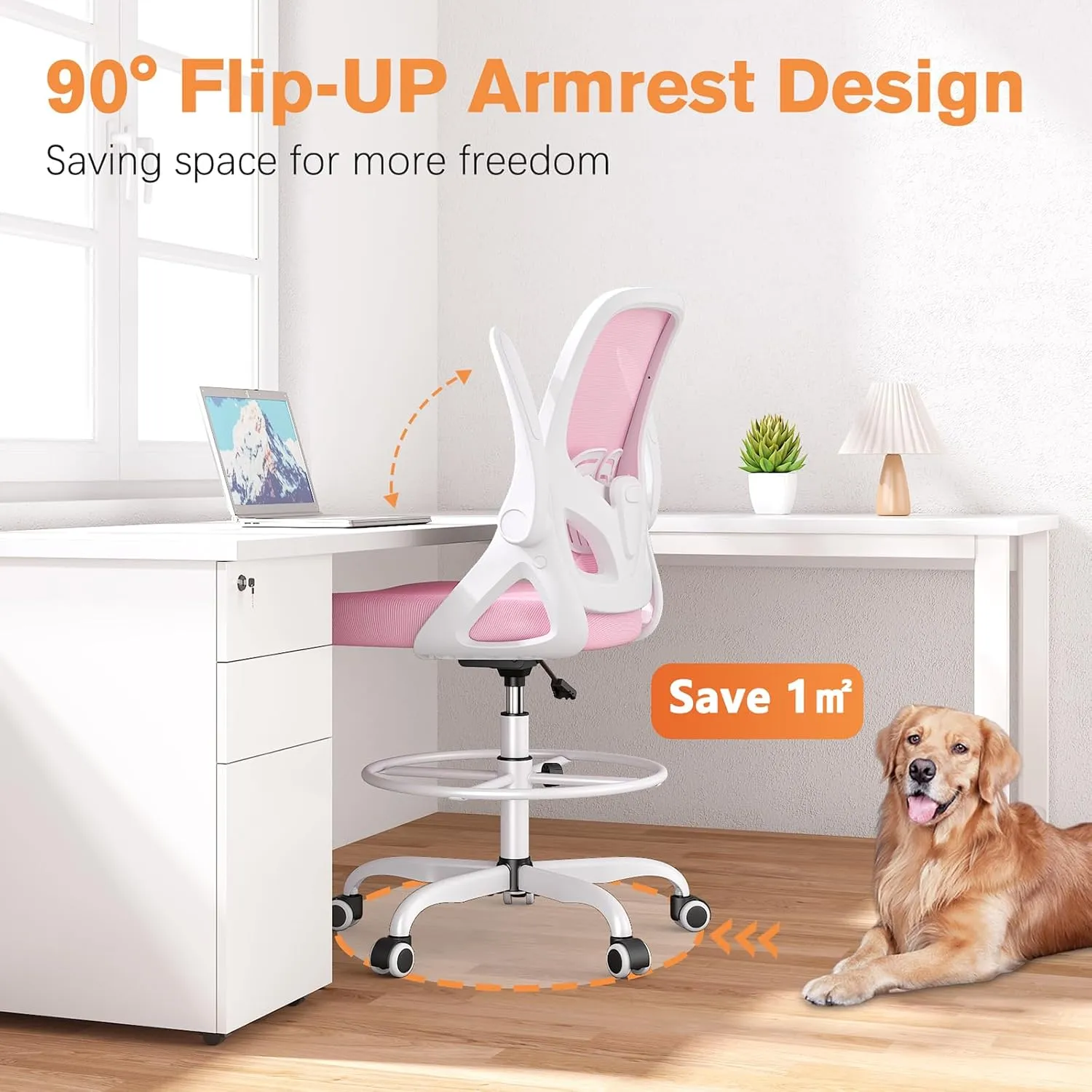 Drafting Chair with Lumbar Support and Footrest Ring, Extended Height Ergonomic Desk Chair for Home Work, Breathable Mesh Office Chair with Flip up Arms (Pink)