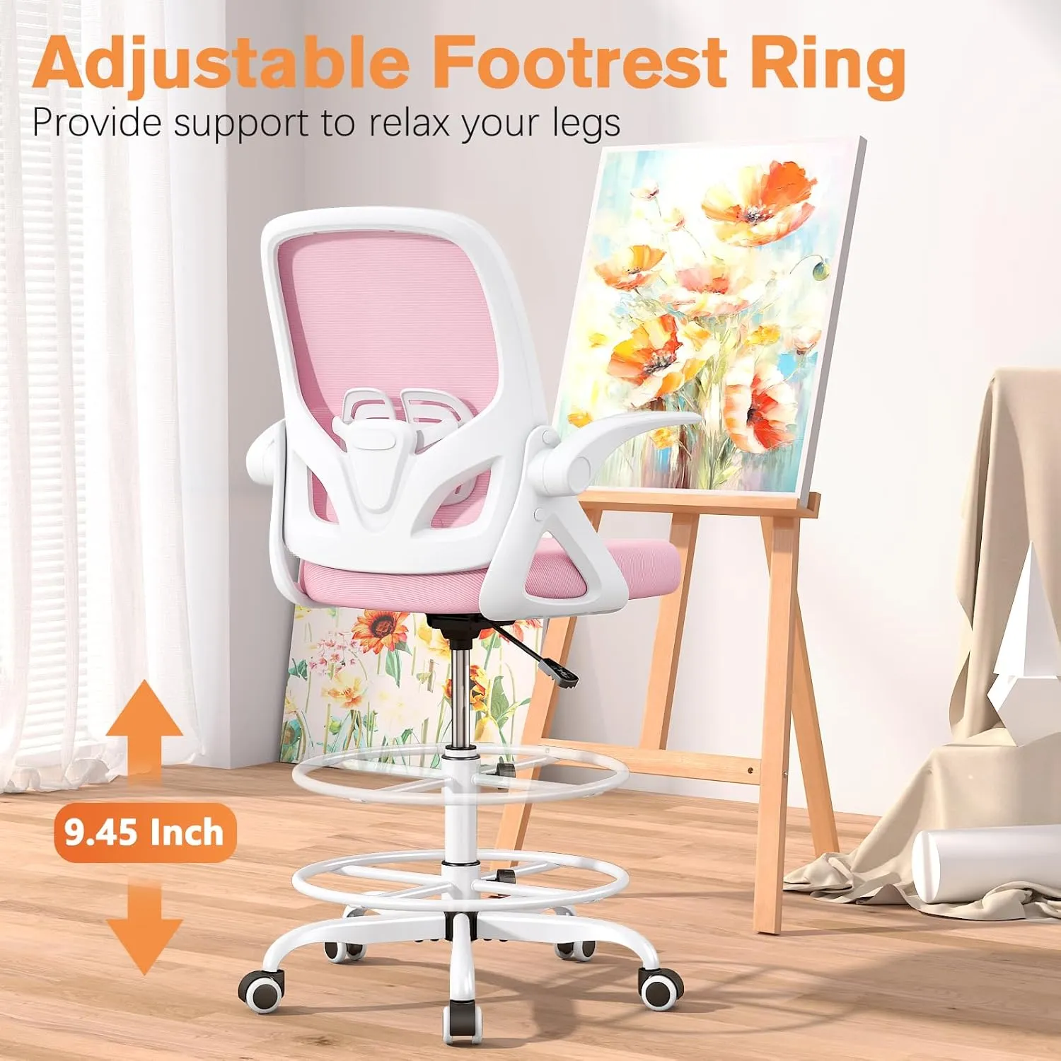 Drafting Chair with Lumbar Support and Footrest Ring, Extended Height Ergonomic Desk Chair for Home Work, Breathable Mesh Office Chair with Flip up Arms (Pink)