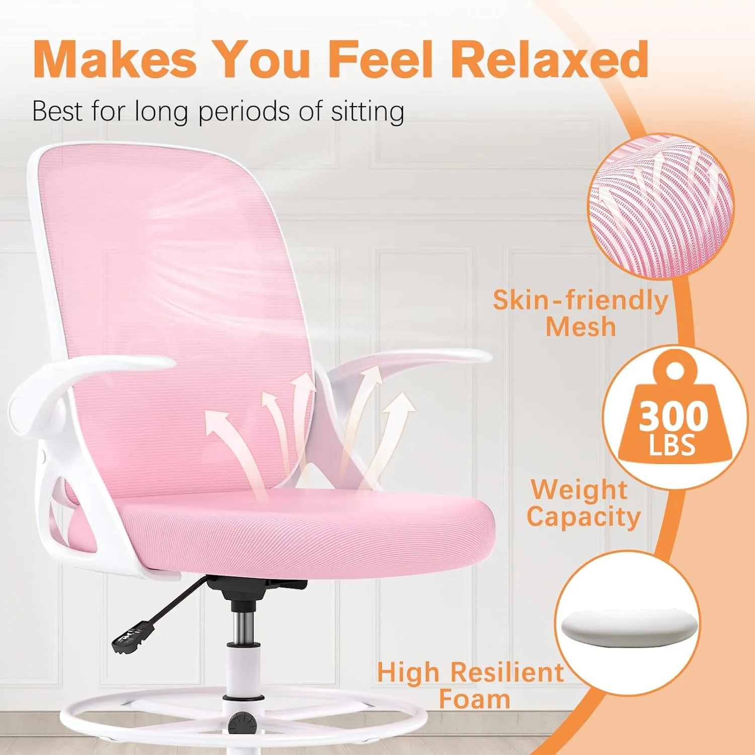 Drafting Chair with Lumbar Support and Footrest Ring, Extended Height Ergonomic Desk Chair for Home Work, Breathable Mesh Office Chair with Flip up Arms (Pink)