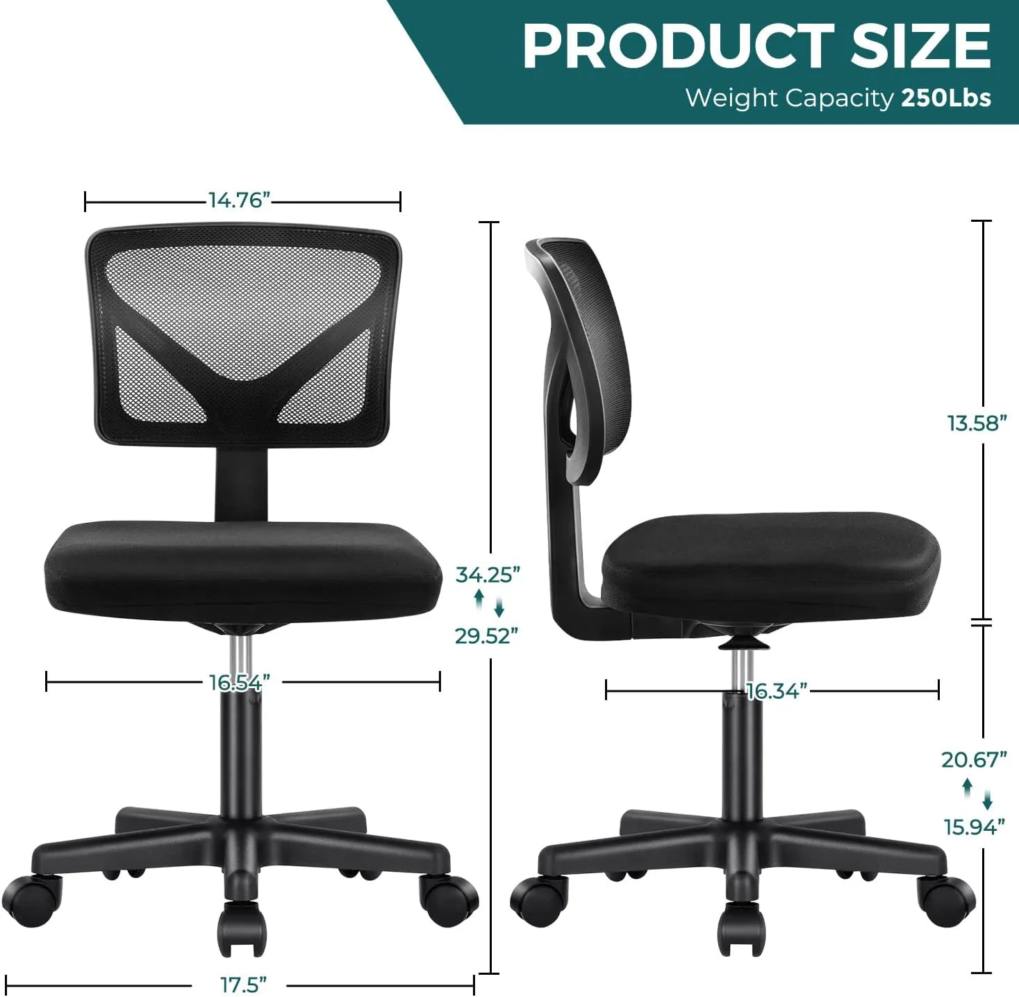 DUMOS Armless Desk Chairs with Wheels, Ergonomic Adjustable Home Office Swivel Rolling Task Chair No Arms, Comfy Mesh Mid Back Computer Work Vanity Desk Seat for Small Spaces, Black