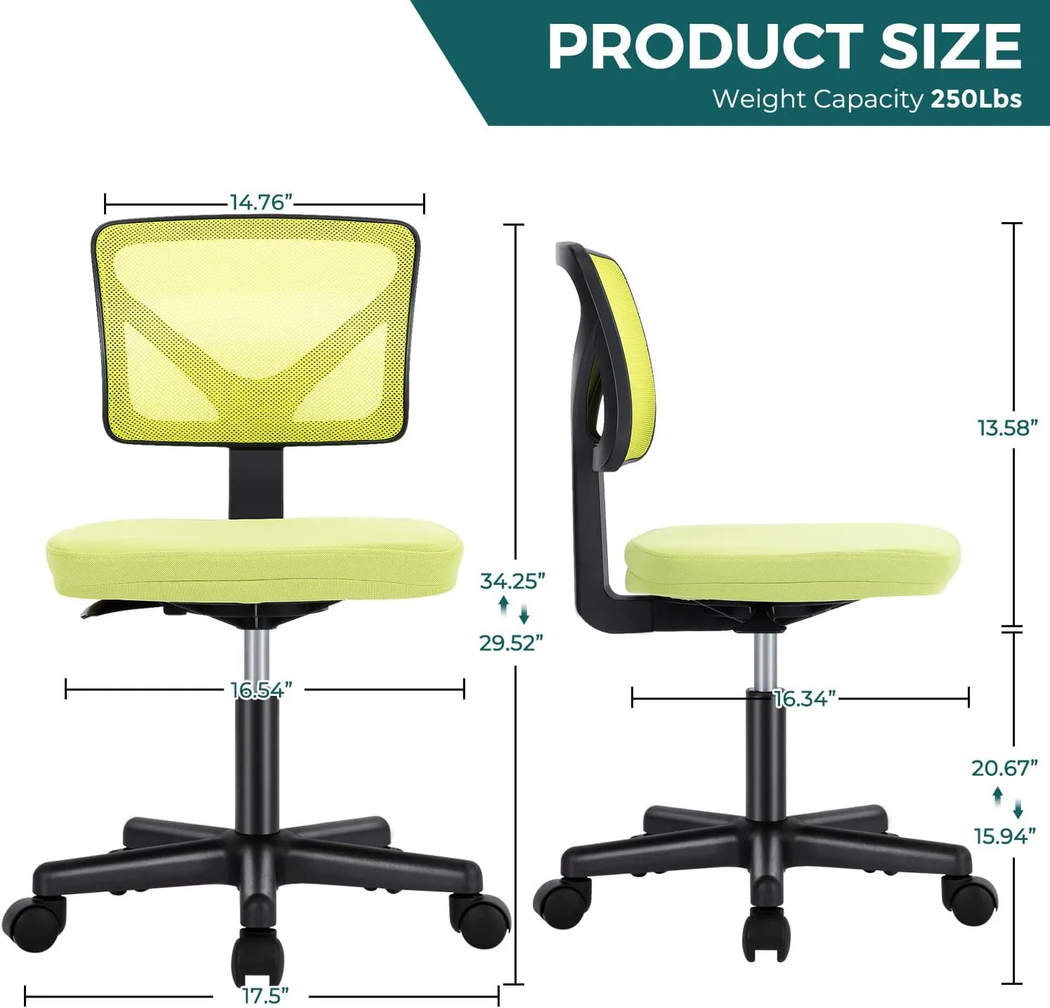 DUMOS Armless Desk Chairs with Wheels, Ergonomic Adjustable Home Office Swivel Rolling Task Chair No Arms, Comfy Mesh Mid Back Computer Work Vanity Desk Seat for Small Spaces, Green