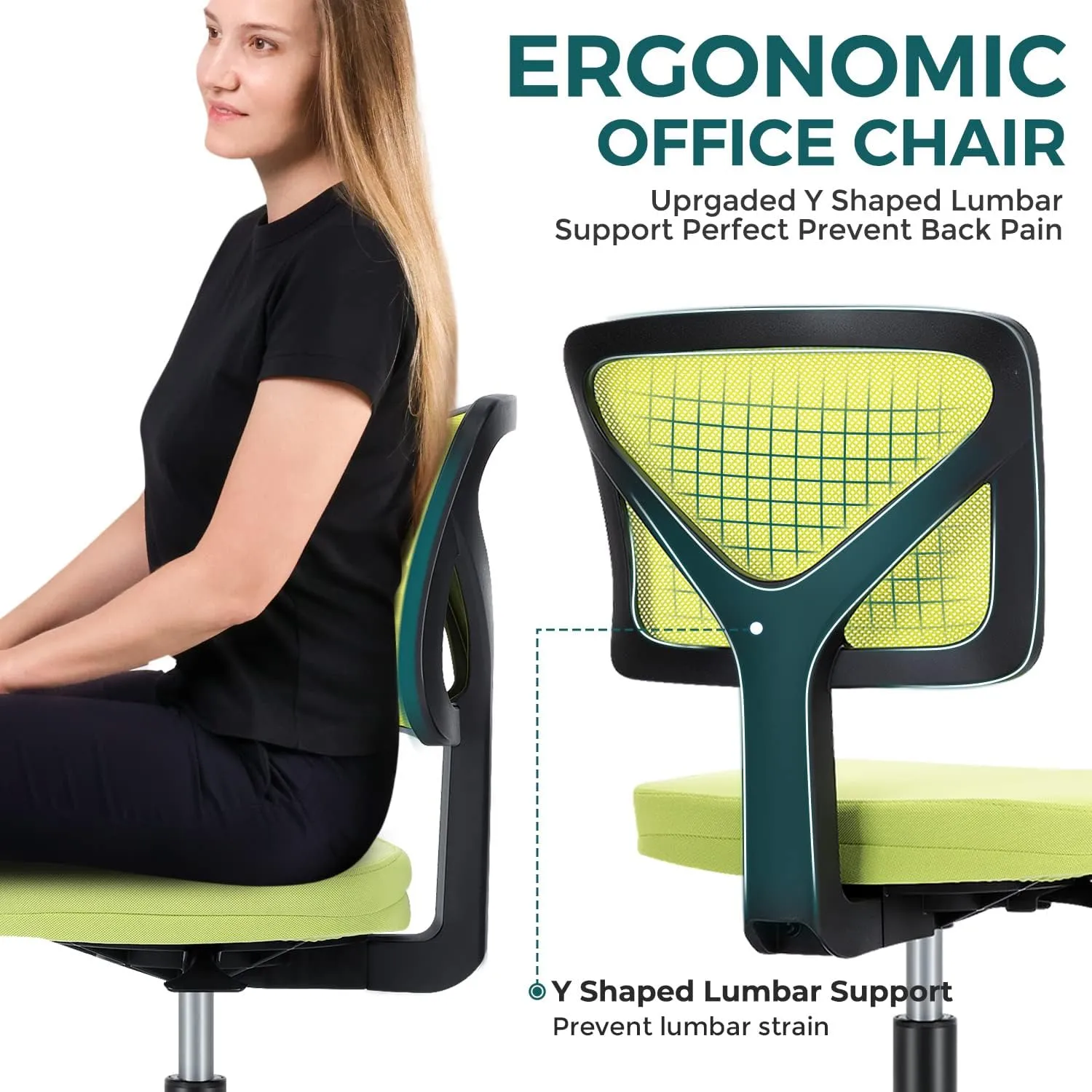 DUMOS Armless Desk Chairs with Wheels, Ergonomic Adjustable Home Office Swivel Rolling Task Chair No Arms, Comfy Mesh Mid Back Computer Work Vanity Desk Seat for Small Spaces, Green