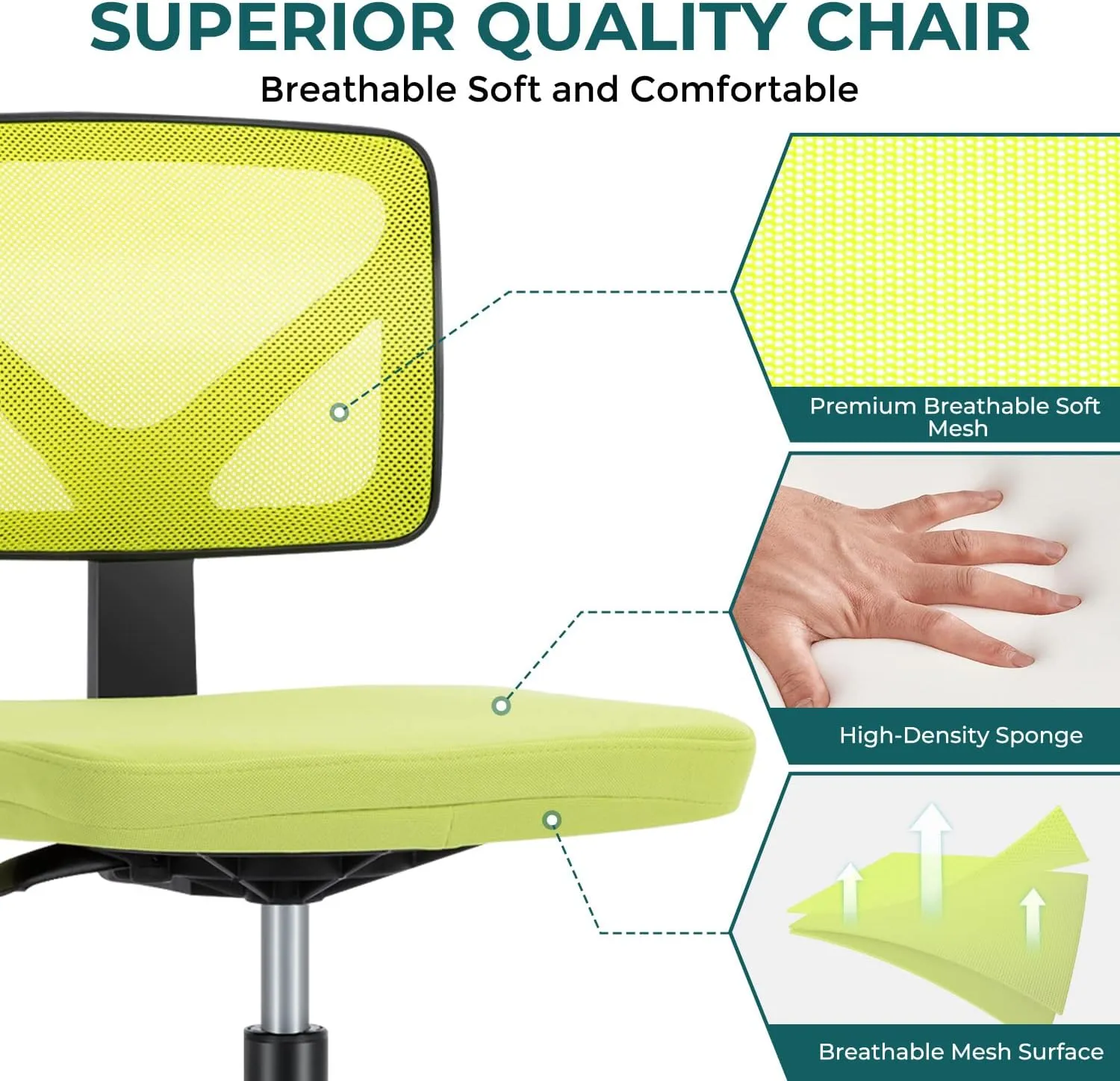 DUMOS Armless Desk Chairs with Wheels, Ergonomic Adjustable Home Office Swivel Rolling Task Chair No Arms, Comfy Mesh Mid Back Computer Work Vanity Desk Seat for Small Spaces, Green