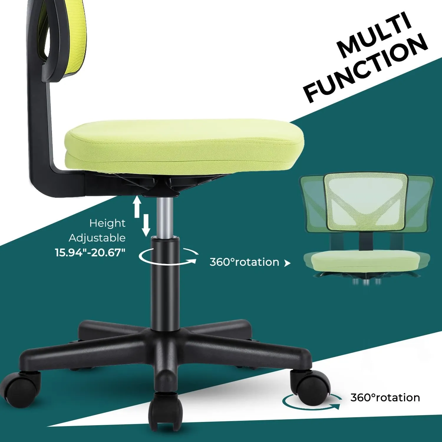 DUMOS Armless Desk Chairs with Wheels, Ergonomic Adjustable Home Office Swivel Rolling Task Chair No Arms, Comfy Mesh Mid Back Computer Work Vanity Desk Seat for Small Spaces, Green