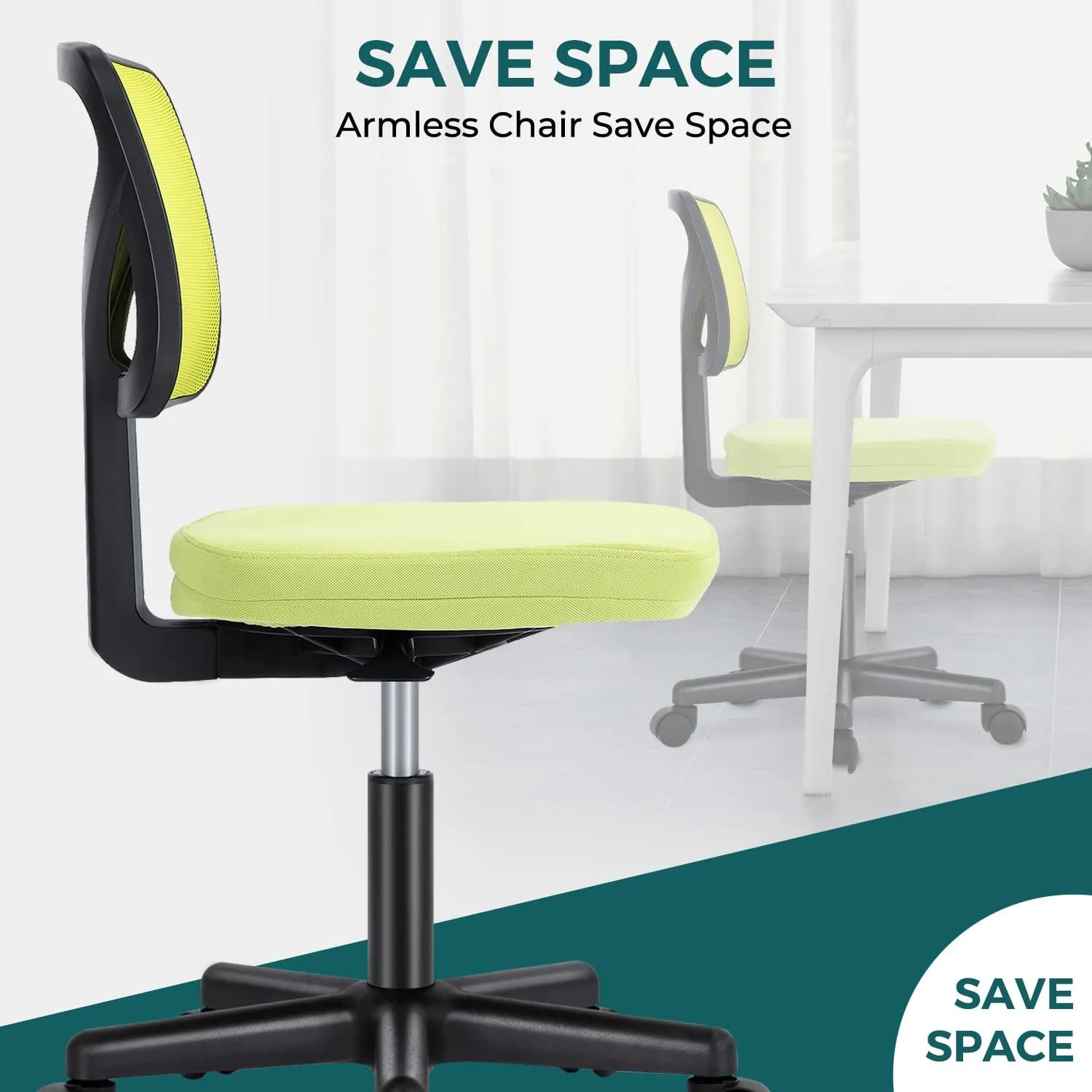DUMOS Armless Desk Chairs with Wheels, Ergonomic Adjustable Home Office Swivel Rolling Task Chair No Arms, Comfy Mesh Mid Back Computer Work Vanity Desk Seat for Small Spaces, Green