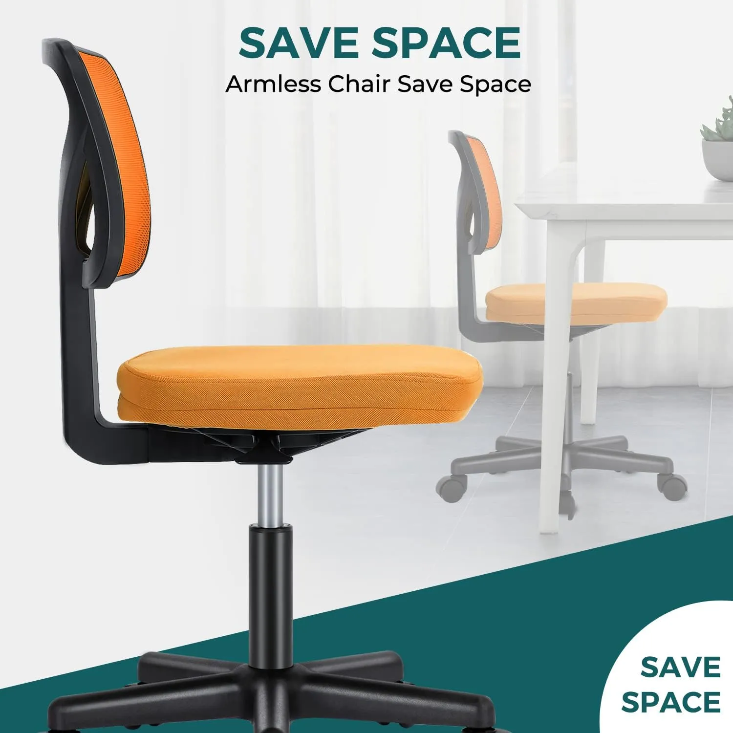 DUMOS Armless Desk Chairs with Wheels, Ergonomic Adjustable Home Office Swivel Rolling Task Chair No Arms, Comfy Mesh Mid Back Computer Work Vanity Desk Seat for Small Spaces, New Orange
