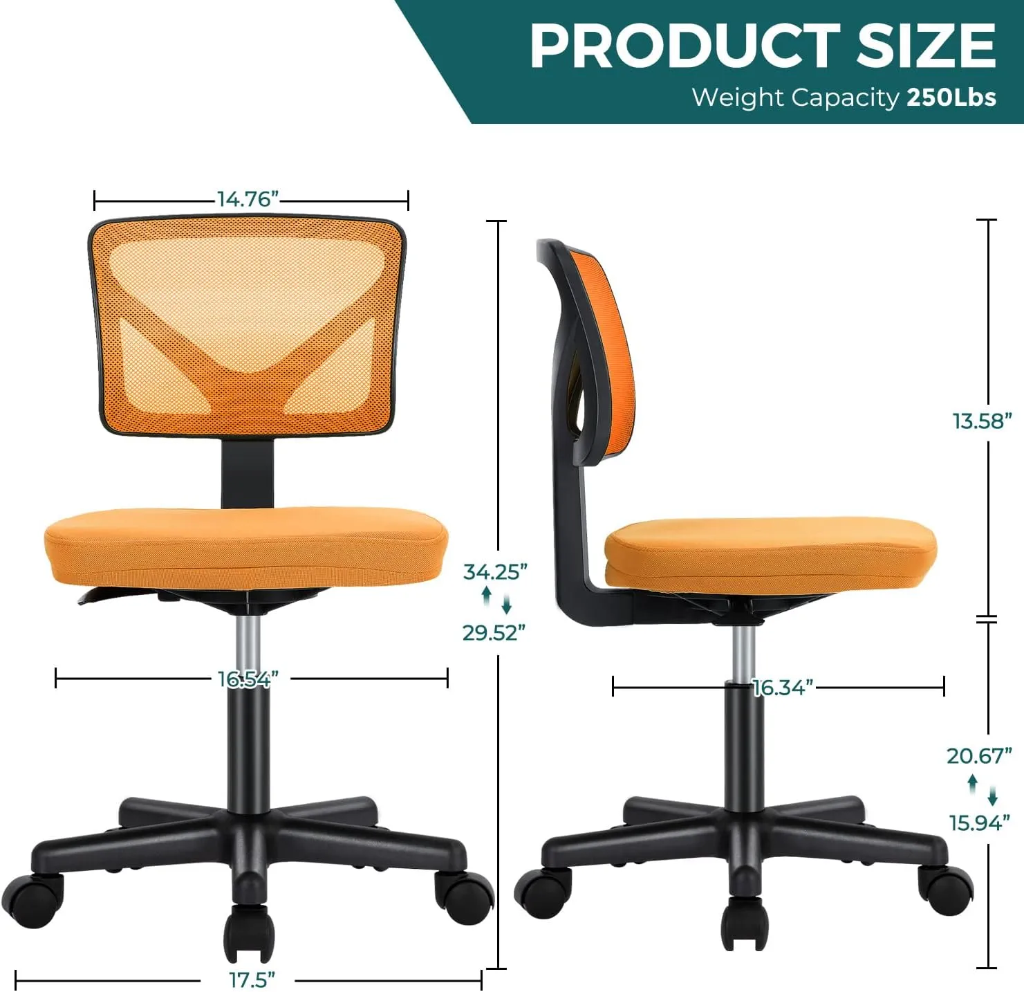 DUMOS Armless Desk Chairs with Wheels, Ergonomic Adjustable Home Office Swivel Rolling Task Chair No Arms, Comfy Mesh Mid Back Computer Work Vanity Desk Seat for Small Spaces, New Orange