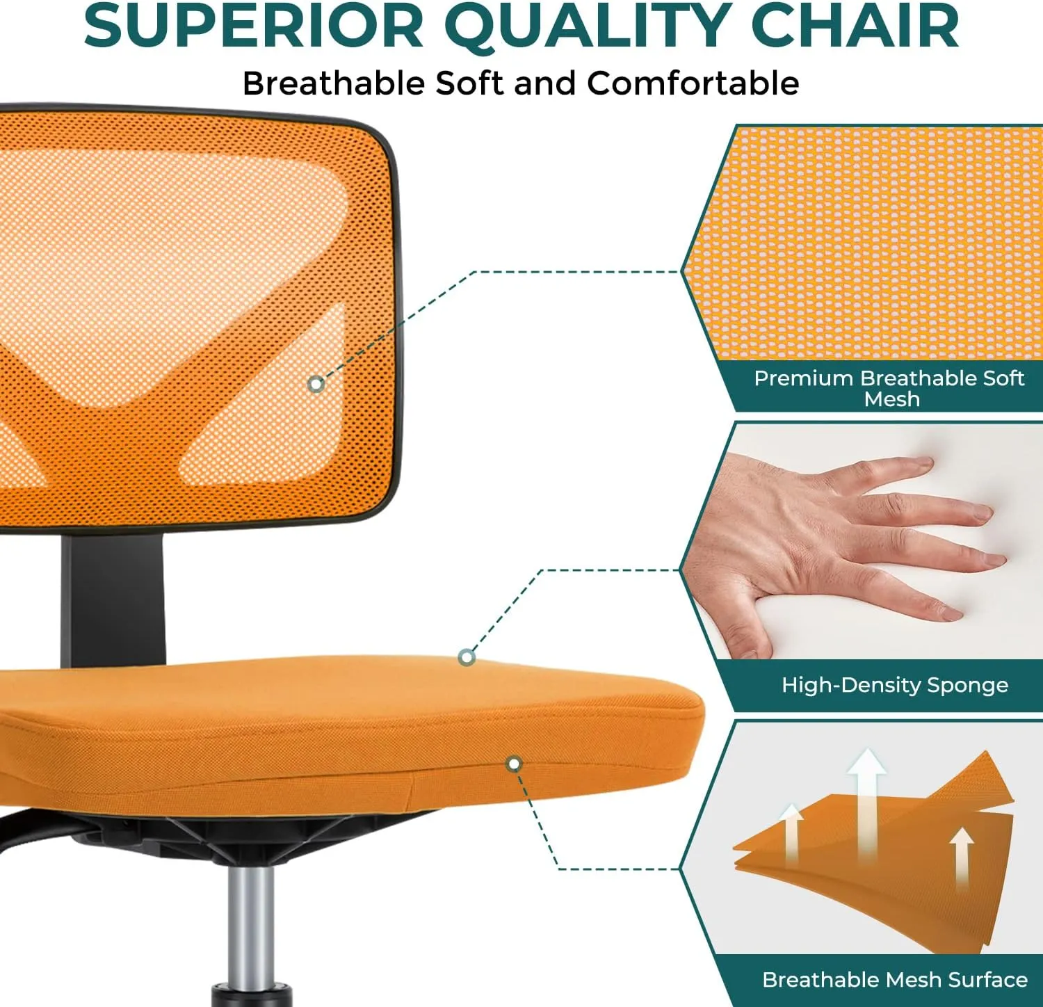 DUMOS Armless Desk Chairs with Wheels, Ergonomic Adjustable Home Office Swivel Rolling Task Chair No Arms, Comfy Mesh Mid Back Computer Work Vanity Desk Seat for Small Spaces, New Orange