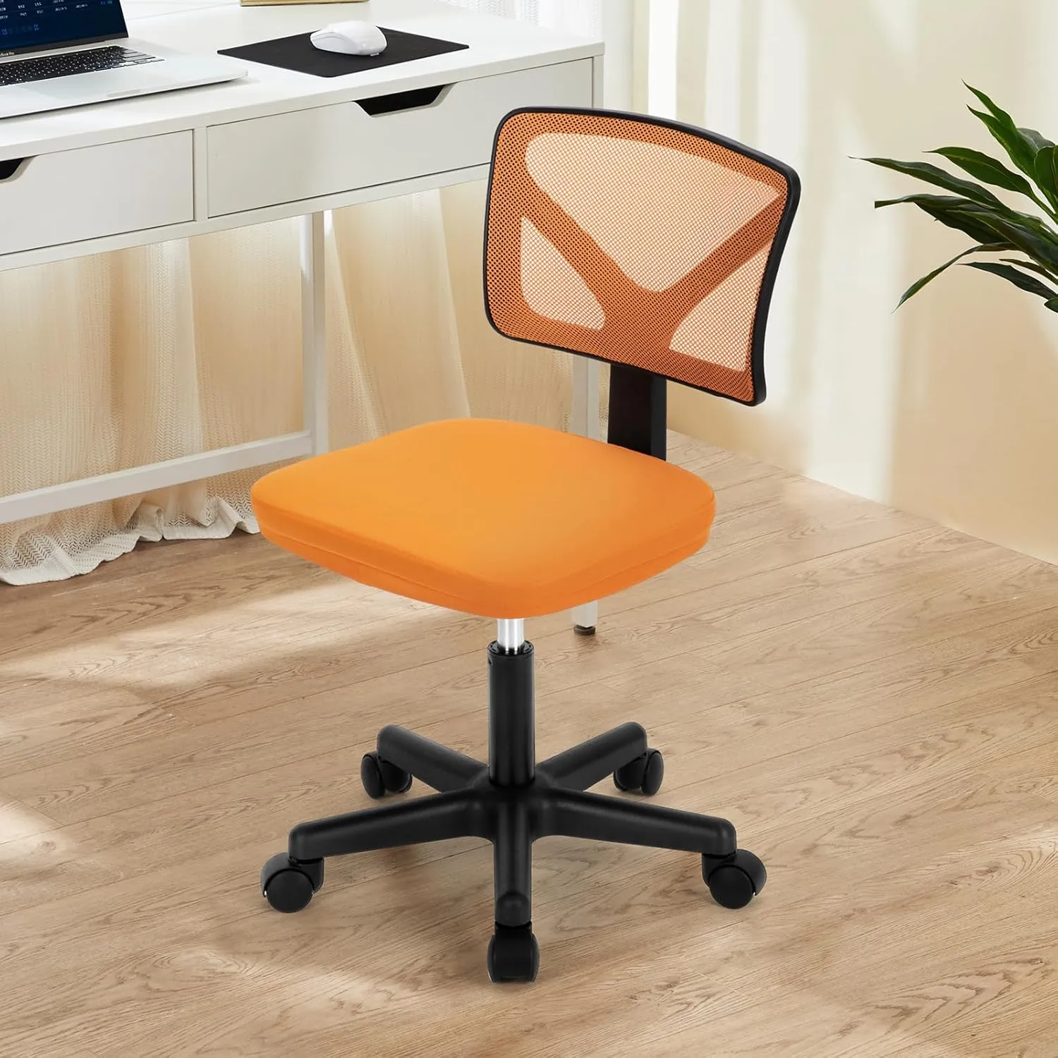 DUMOS Armless Desk Chairs with Wheels, Ergonomic Adjustable Home Office Swivel Rolling Task Chair No Arms, Comfy Mesh Mid Back Computer Work Vanity Desk Seat for Small Spaces, New Orange
