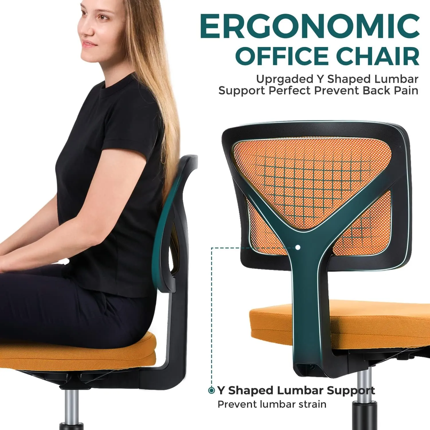 DUMOS Armless Desk Chairs with Wheels, Ergonomic Adjustable Home Office Swivel Rolling Task Chair No Arms, Comfy Mesh Mid Back Computer Work Vanity Desk Seat for Small Spaces, New Orange