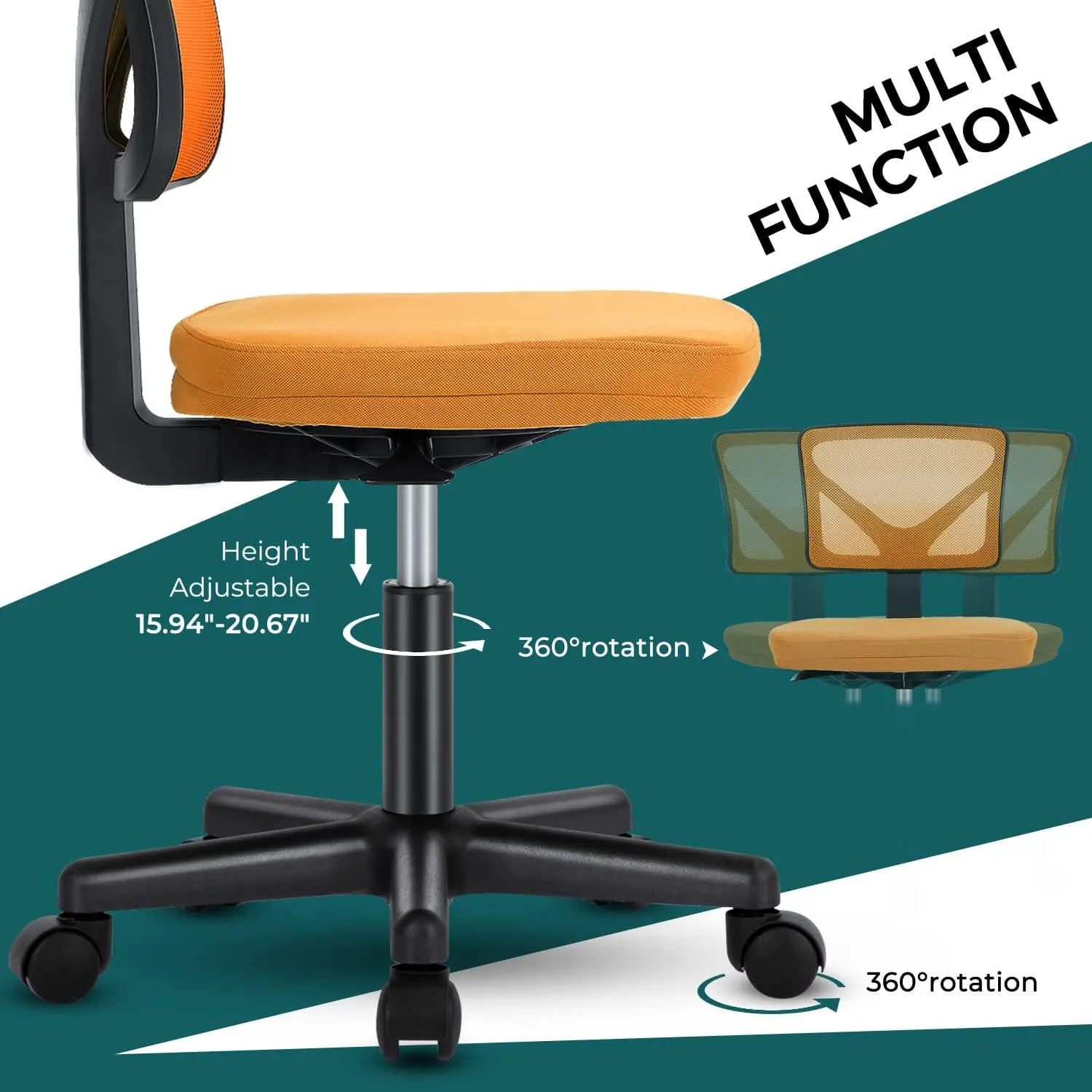 DUMOS Armless Desk Chairs with Wheels, Ergonomic Adjustable Home Office Swivel Rolling Task Chair No Arms, Comfy Mesh Mid Back Computer Work Vanity Desk Seat for Small Spaces, New Orange