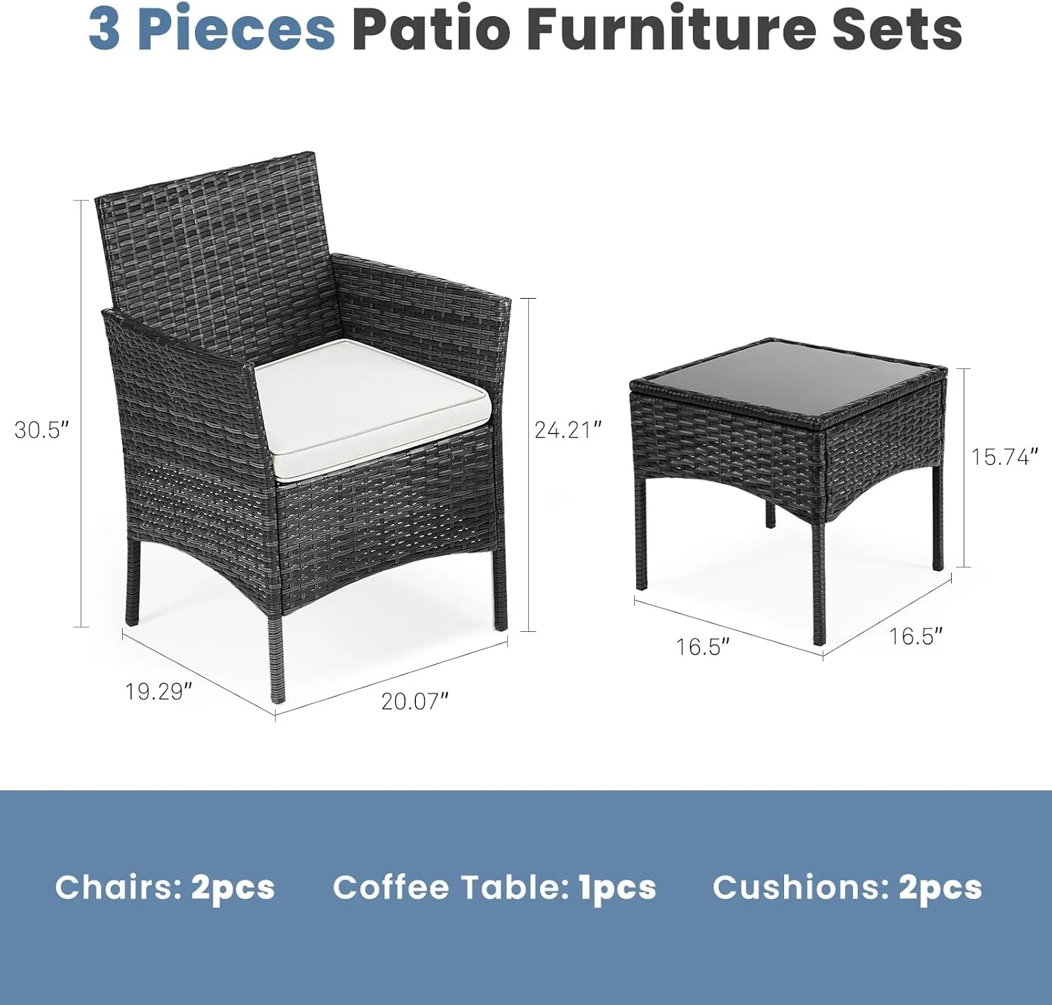 DUMOS Patio Furniture Set 3 Pieces, Outdoor Wicker Furniture with Coffee Table, Modern Rattan Patio Chairs Conversation Sets with Sofa for Garden, Terrace, Porch, Balconies, Lawns, Black