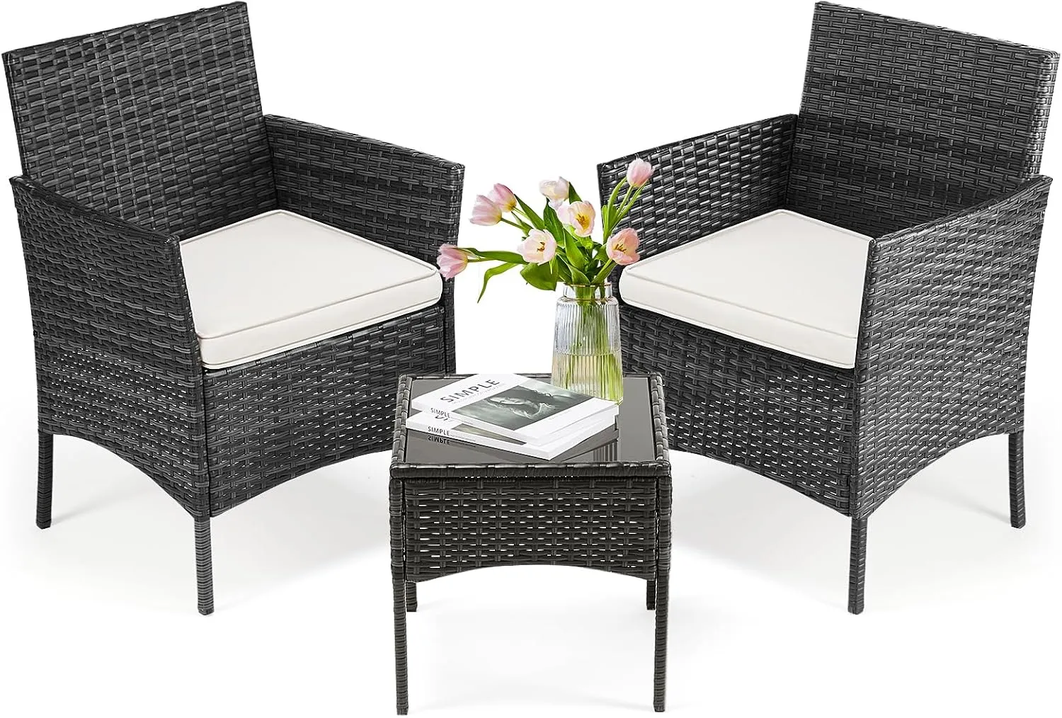 DUMOS Patio Furniture Set 3 Pieces, Outdoor Wicker Furniture with Coffee Table, Modern Rattan Patio Chairs Conversation Sets with Sofa for Garden, Terrace, Porch, Balconies, Lawns, Black