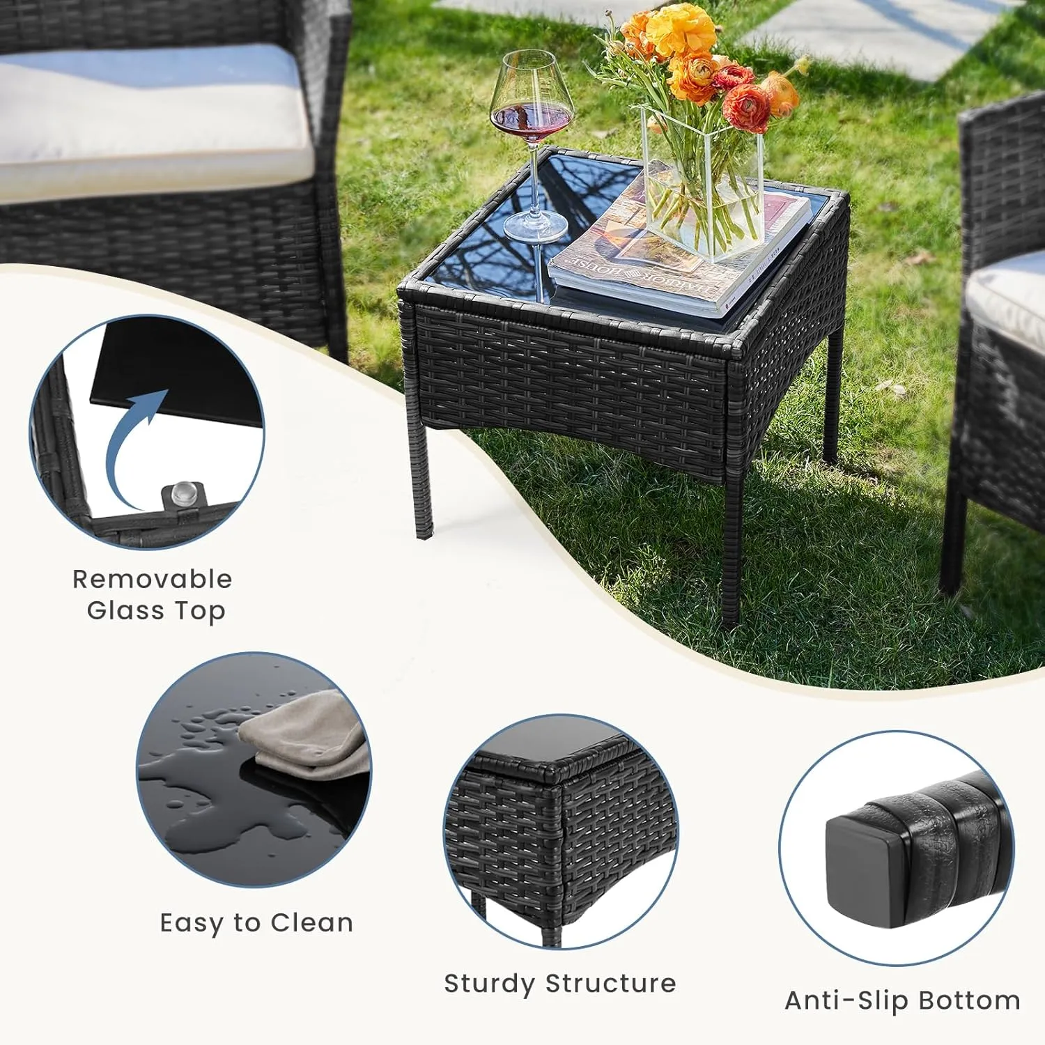 DUMOS Patio Furniture Set 3 Pieces, Outdoor Wicker Furniture with Coffee Table, Modern Rattan Patio Chairs Conversation Sets with Sofa for Garden, Terrace, Porch, Balconies, Lawns, Black