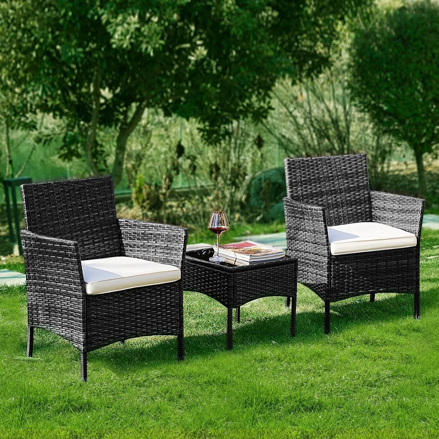 DUMOS Patio Furniture Set 3 Pieces, Outdoor Wicker Furniture with Coffee Table, Modern Rattan Patio Chairs Conversation Sets with Sofa for Garden, Terrace, Porch, Balconies, Lawns, Black