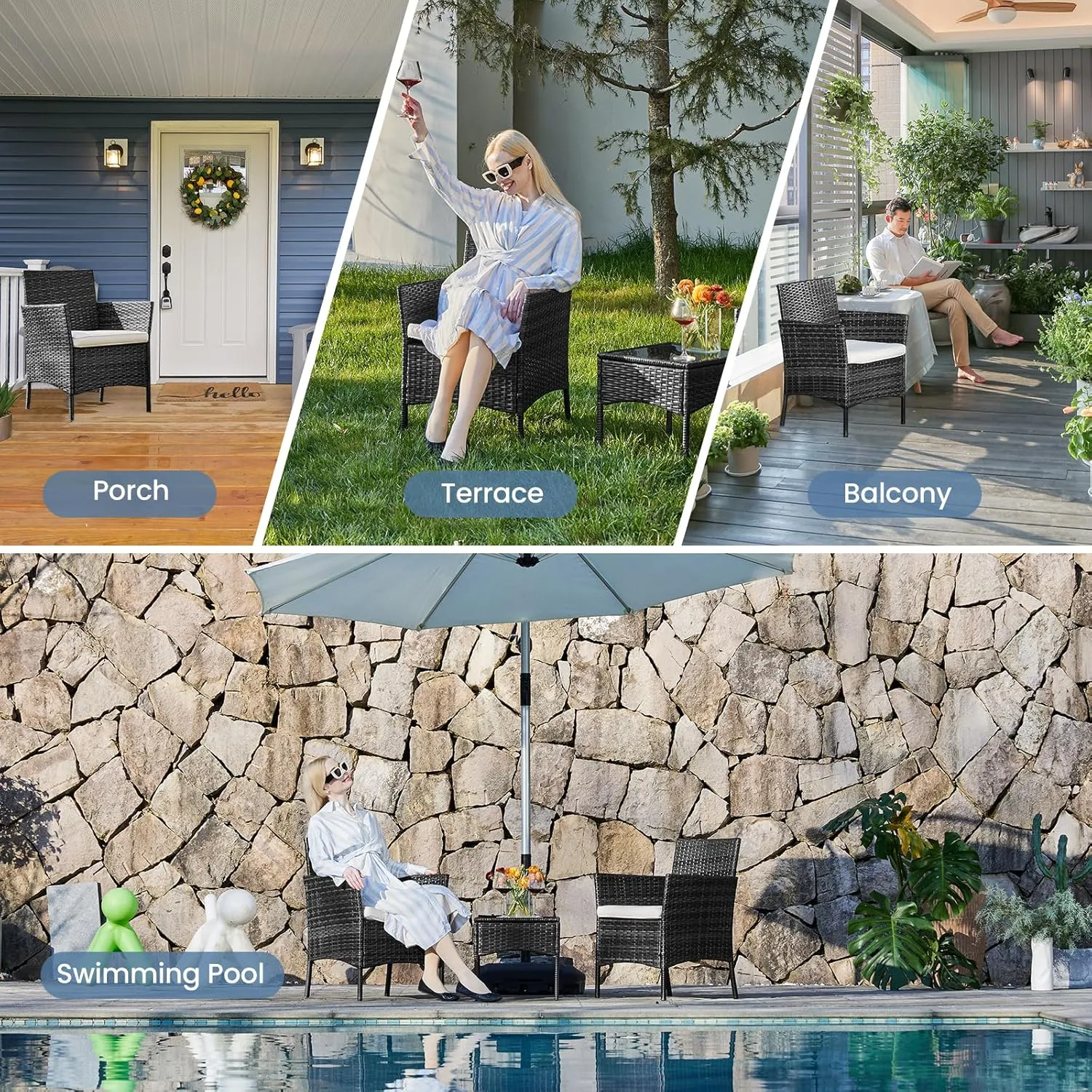 DUMOS Patio Furniture Set 3 Pieces, Outdoor Wicker Furniture with Coffee Table, Modern Rattan Patio Chairs Conversation Sets with Sofa for Garden, Terrace, Porch, Balconies, Lawns, Black