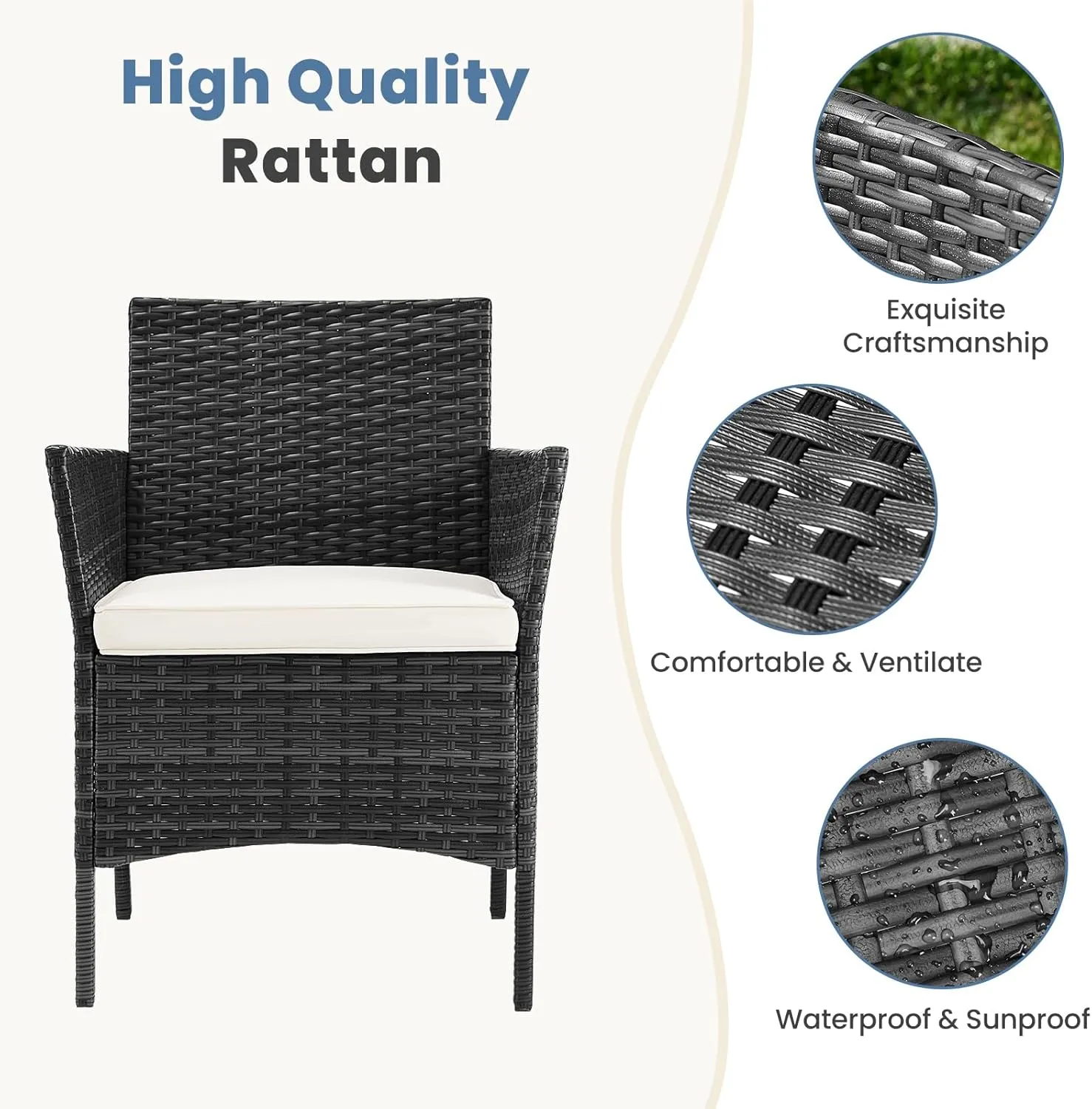DUMOS Patio Furniture Set 4 Pieces, Outdoor Wicker Furniture with Coffee Table, Modern Rattan Patio Chairs Conversation Sets with Sofa for Garden, Terrace, Porch, Balconies, Lawns, Black