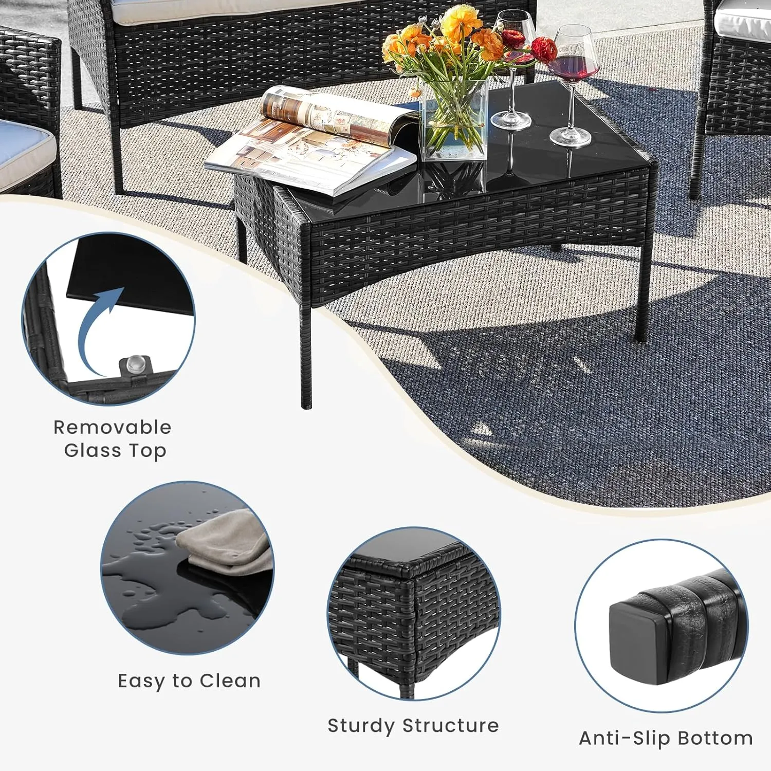 DUMOS Patio Furniture Set 4 Pieces, Outdoor Wicker Furniture with Coffee Table, Modern Rattan Patio Chairs Conversation Sets with Sofa for Garden, Terrace, Porch, Balconies, Lawns, Black