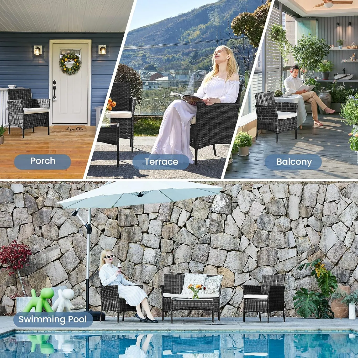 DUMOS Patio Furniture Set 4 Pieces, Outdoor Wicker Furniture with Coffee Table, Modern Rattan Patio Chairs Conversation Sets with Sofa for Garden, Terrace, Porch, Balconies, Lawns, Black