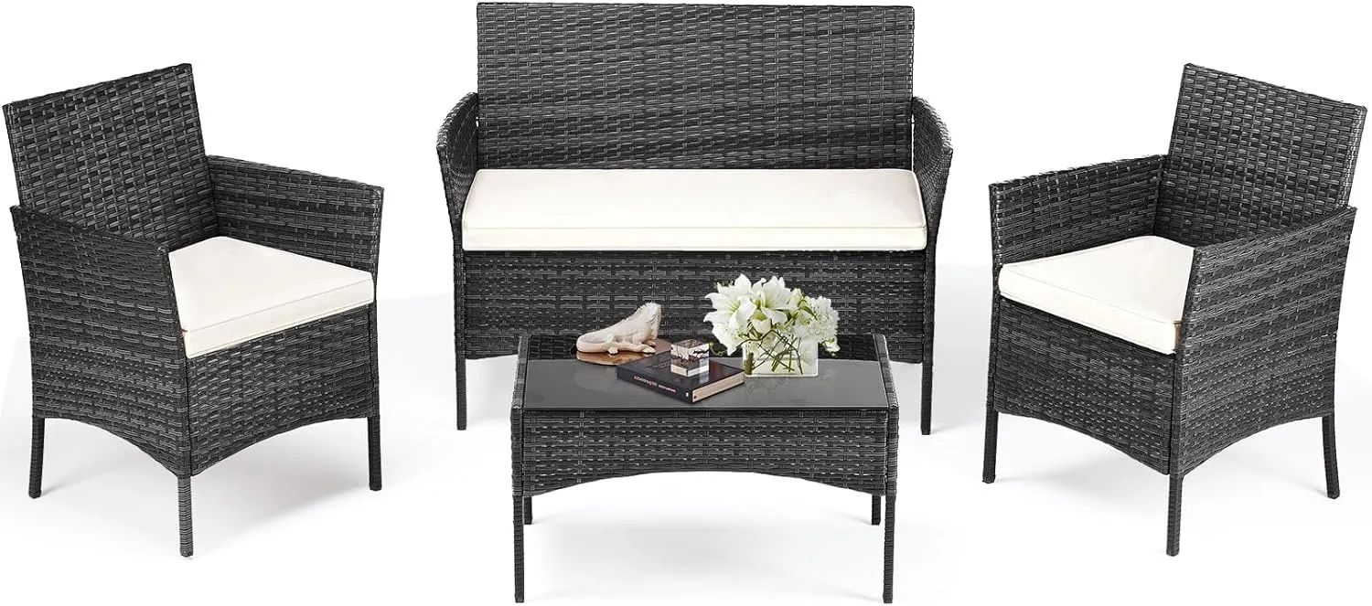 DUMOS Patio Furniture Set 4 Pieces, Outdoor Wicker Furniture with Coffee Table, Modern Rattan Patio Chairs Conversation Sets with Sofa for Garden, Terrace, Porch, Balconies, Lawns, Black