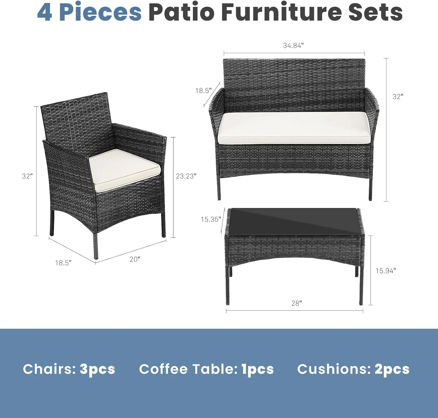 DUMOS Patio Furniture Set 4 Pieces, Outdoor Wicker Furniture with Coffee Table, Modern Rattan Patio Chairs Conversation Sets with Sofa for Garden, Terrace, Porch, Balconies, Lawns, Black